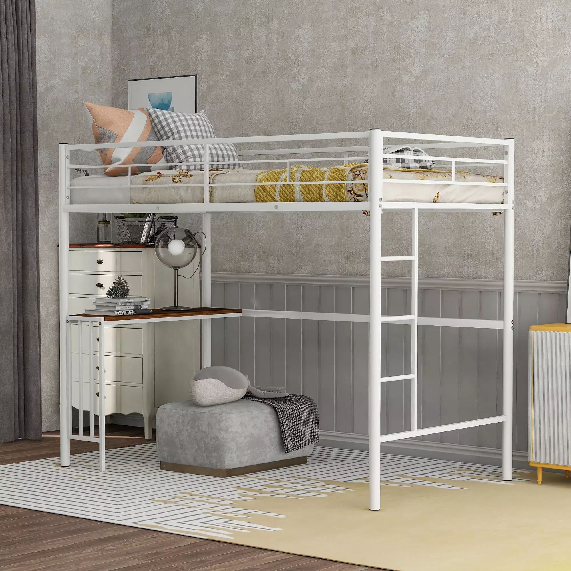 Twin Metal Bunk Bed with Desk. Ladder and Guardrails. Loft Bed for Bedroom. White