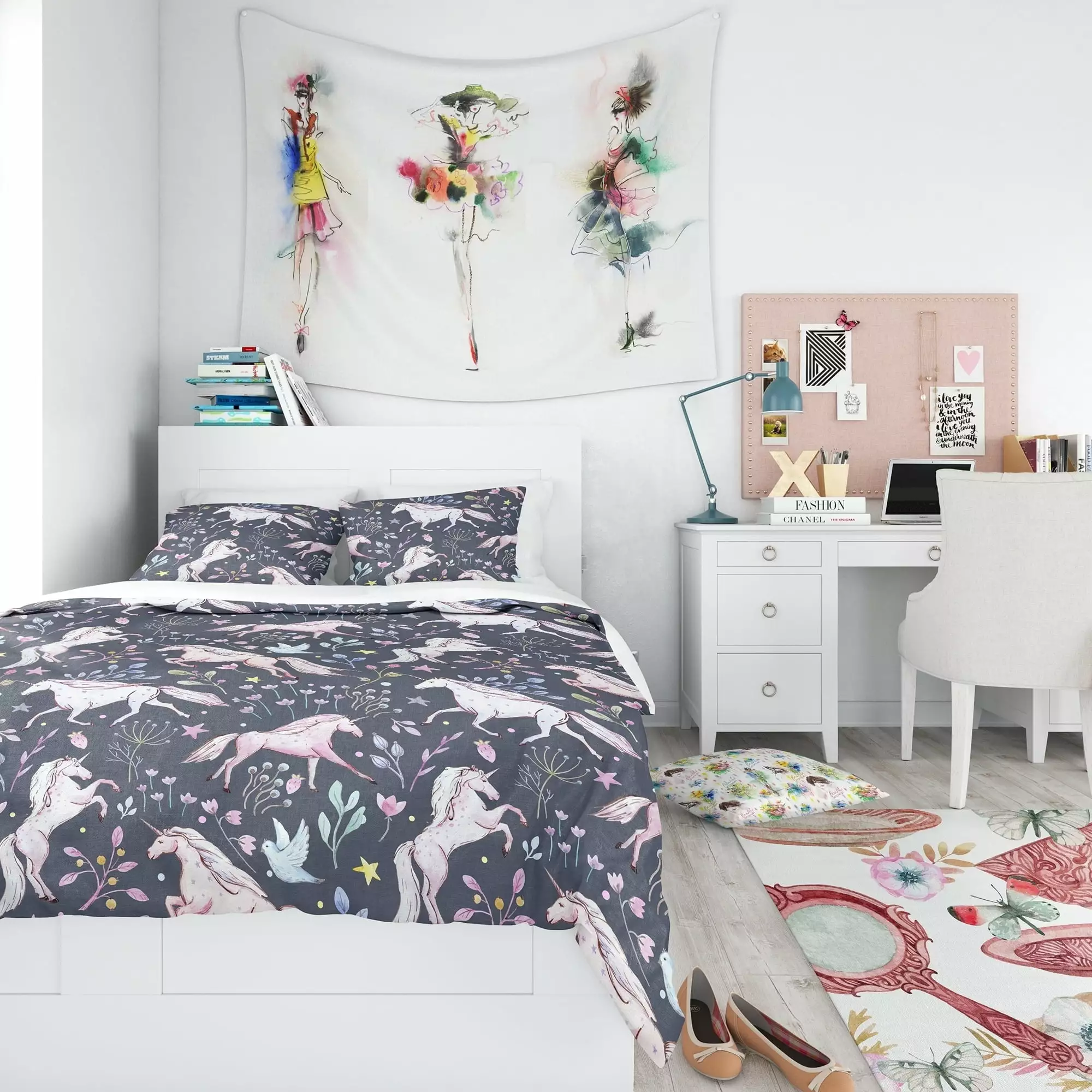 Watercolor Unicorn Pattern' Modern Teen Bedding Set - Duvet Cover & Shams