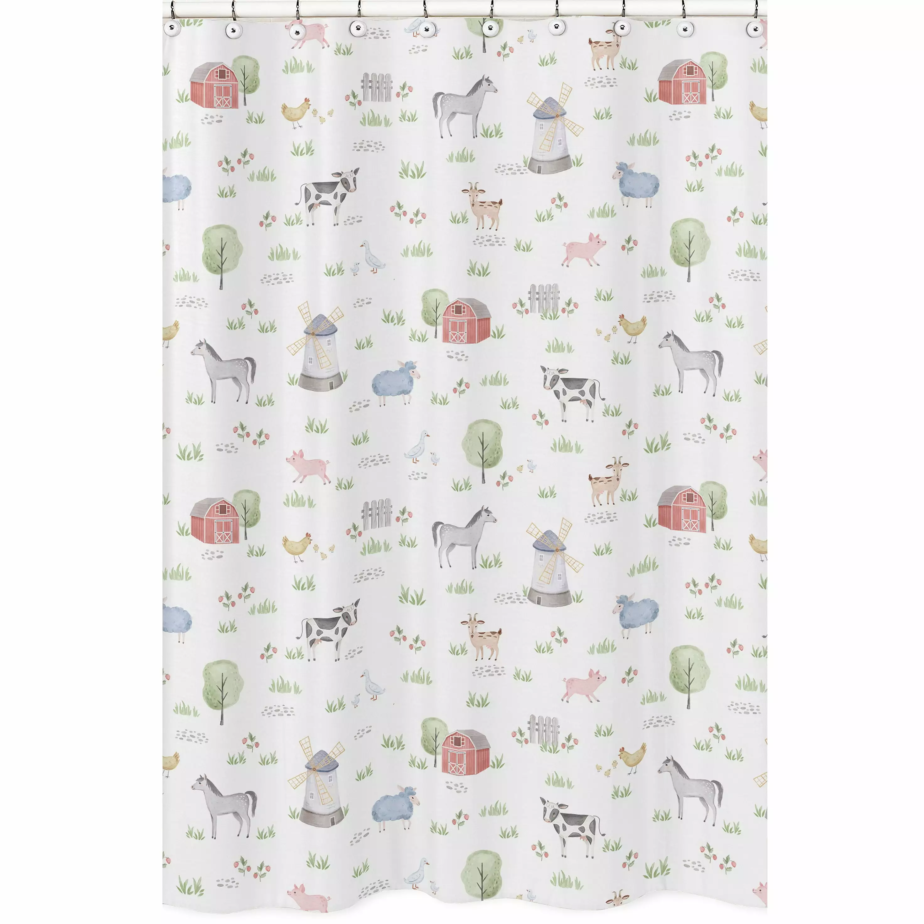 Sweet Jojo Designs Farm Animals Bathroom Fabric Bath Shower Curtain - Watercolor Farmhouse Horse Cow Sheep Pig