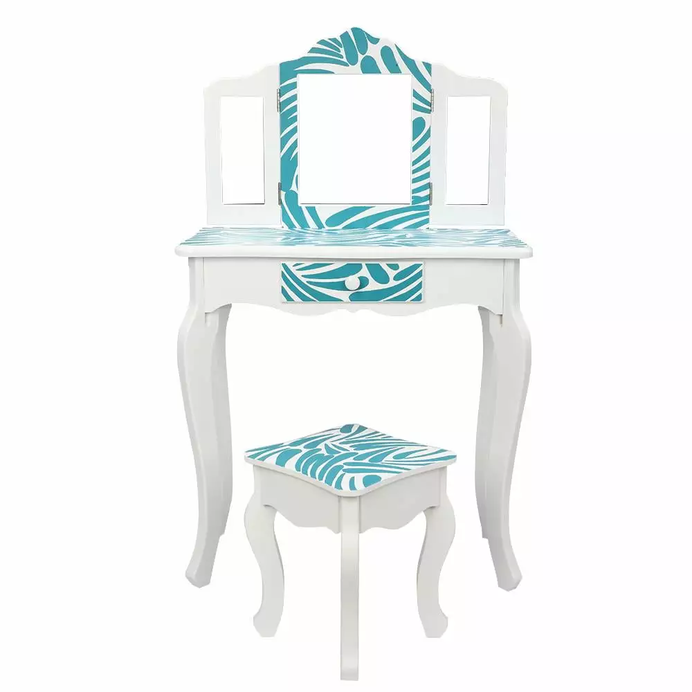 SamyoHome Kids Vanity Table and Stool Set with Three-Fold Mirror. Pretend Play Princess Makeup Dressing Table. Blue Zebra and White