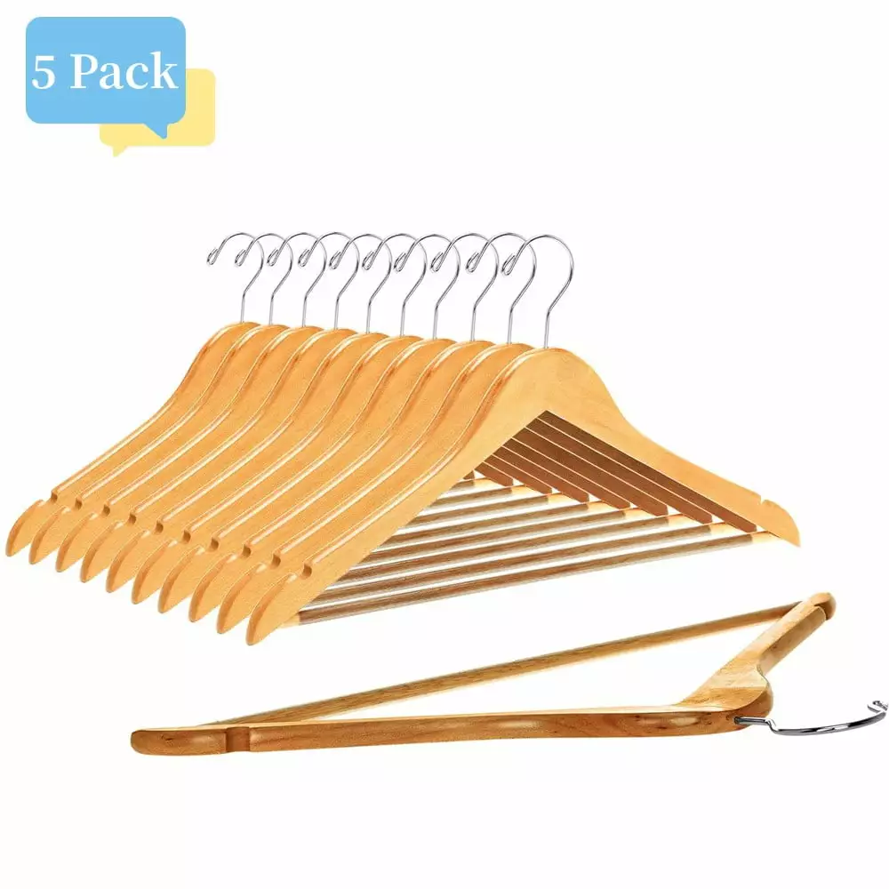 5Pack Quality Wooden Hangers - Slightly Curved Hanger Set - Solid Wood Coat Hangers with Stylish Chrome Hooks - Heavy-Duty Clothes. Jacket. Shirt. Pants. Suit Hangers