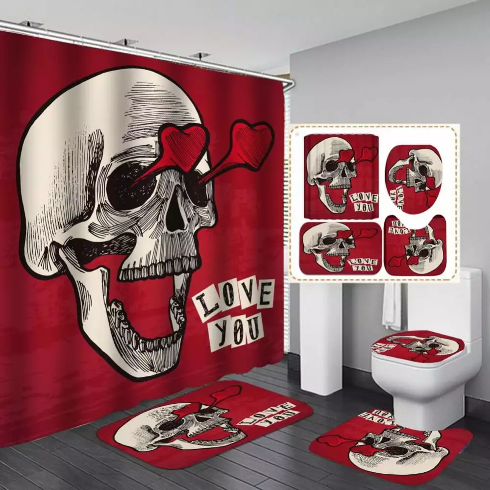 4pcs Halloween Bathroom Set Skull Series Digital Printing Shower Curtain Area Rugs Waterproof Shower Curtain Bath Mat Pedestal Mat Lid Toilet Cover