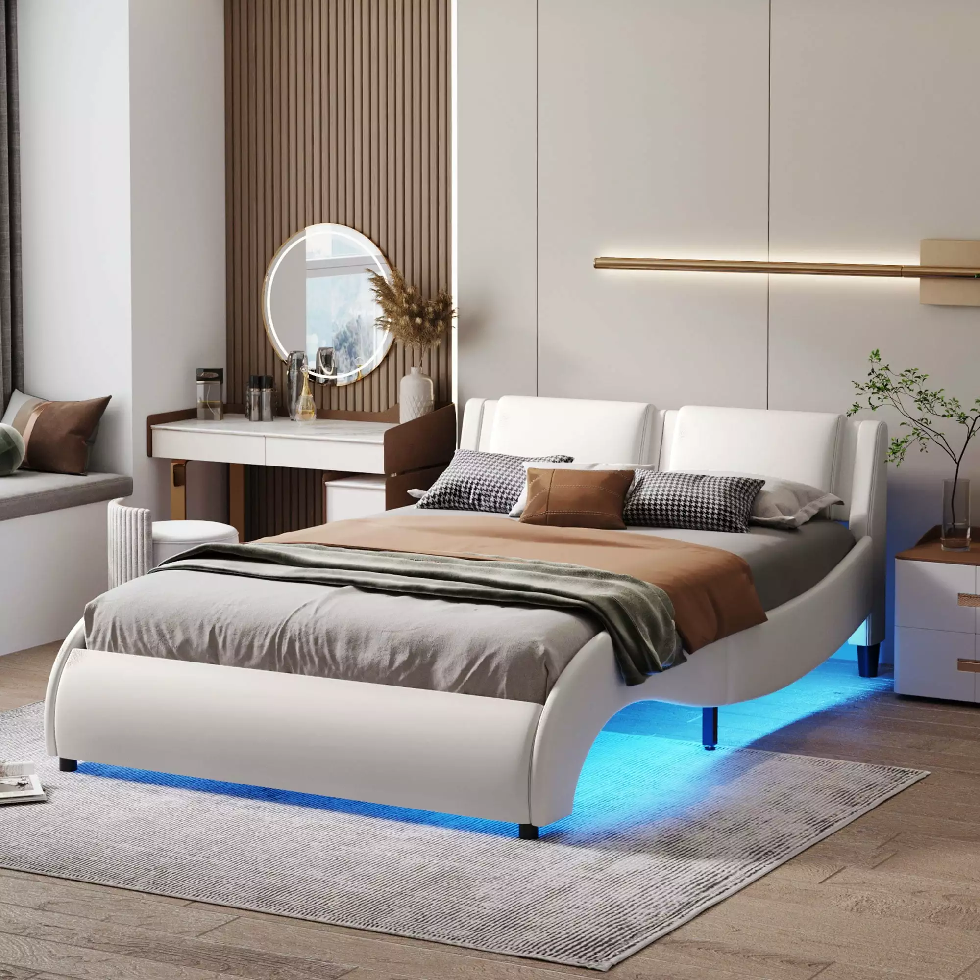 Modern Curved Faux Leather Upholstered Platform Bed Frame with LED Light. Wave Like LED Low Profile Bed Frame With 16 Colors of LED Lights and Wood Slats Support. Easy Assembly (Full Size. White)