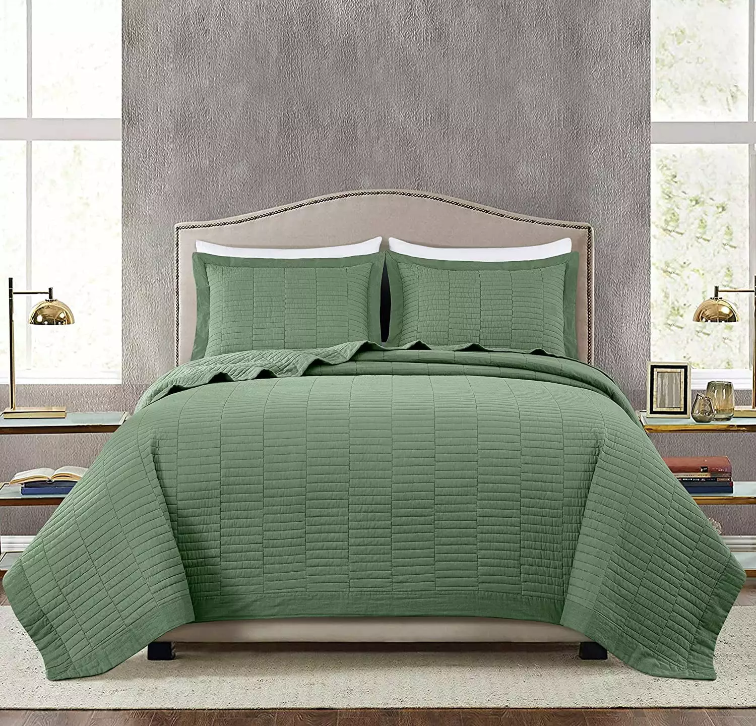 Chezmoi Collection Yuma 3-Piece 100% Cotton Quilt Set King Size. Sage. Modern Geometric Rectangle Stitched Quilt Washed Cotton Bedspread Set for All Season