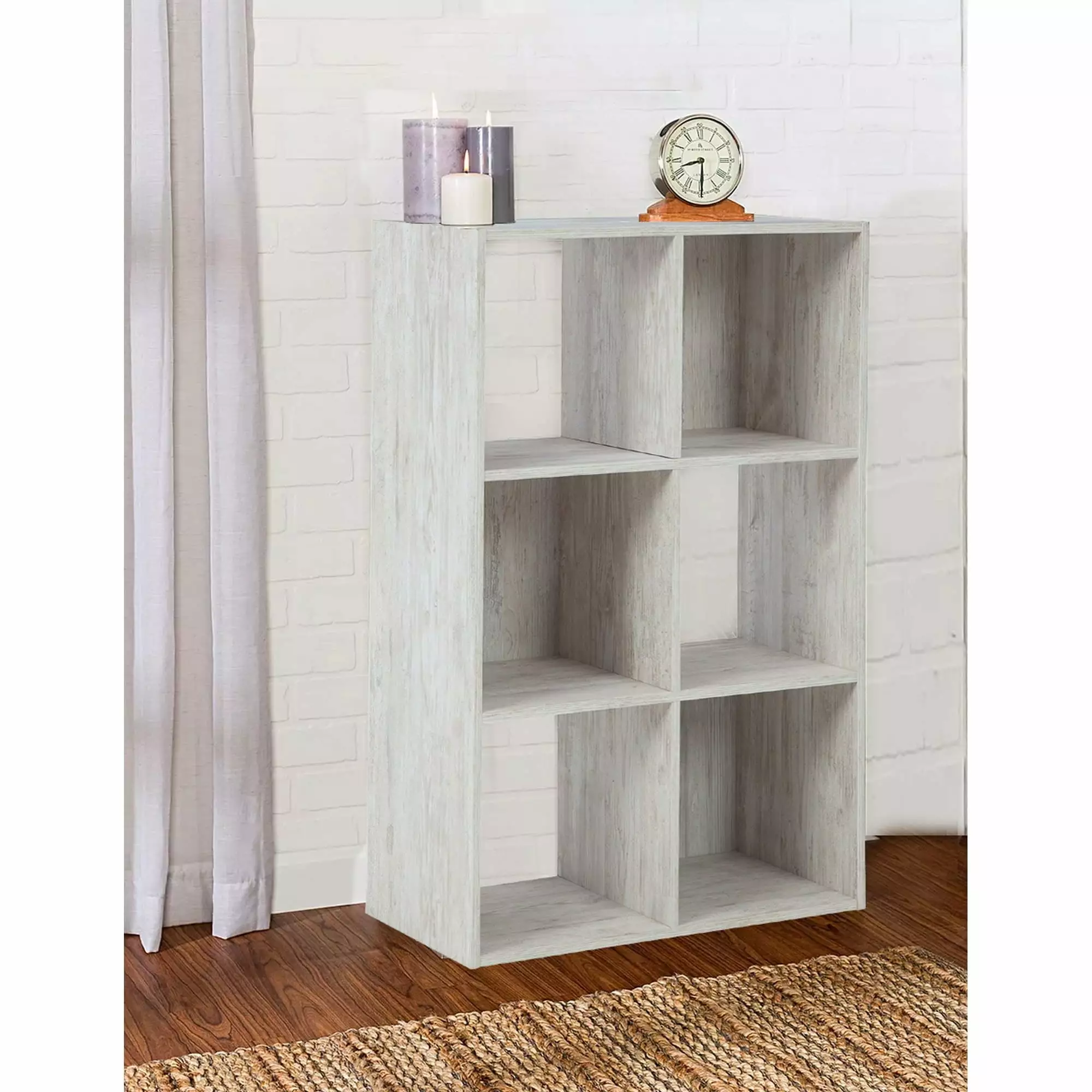 6 Cube Wooden Organizer with Grain Details. Washed White