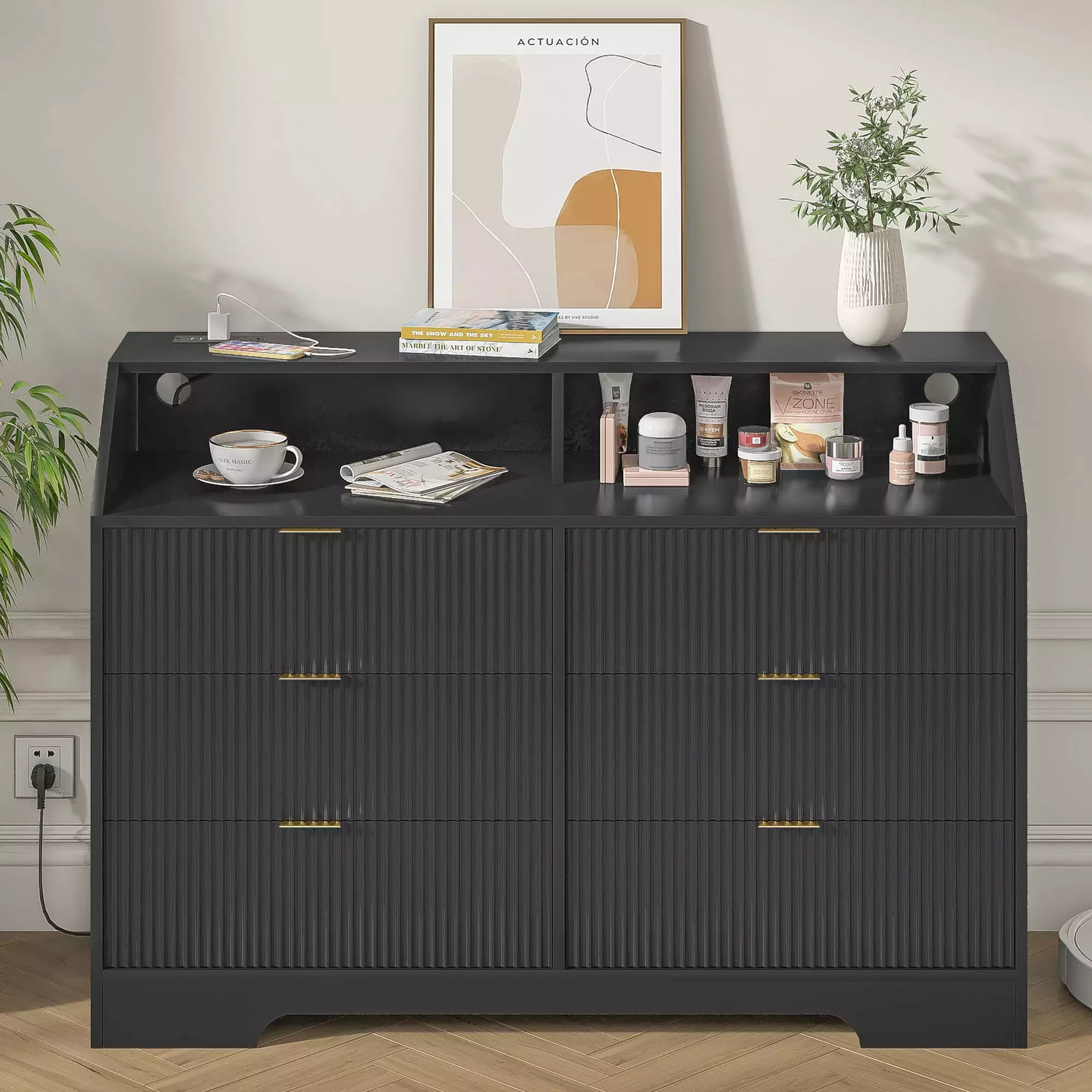 6 Drawer Double Dresser. Modern Wood Chest of Drawers. Chest of 6 Drawers for Living Room Bedroom