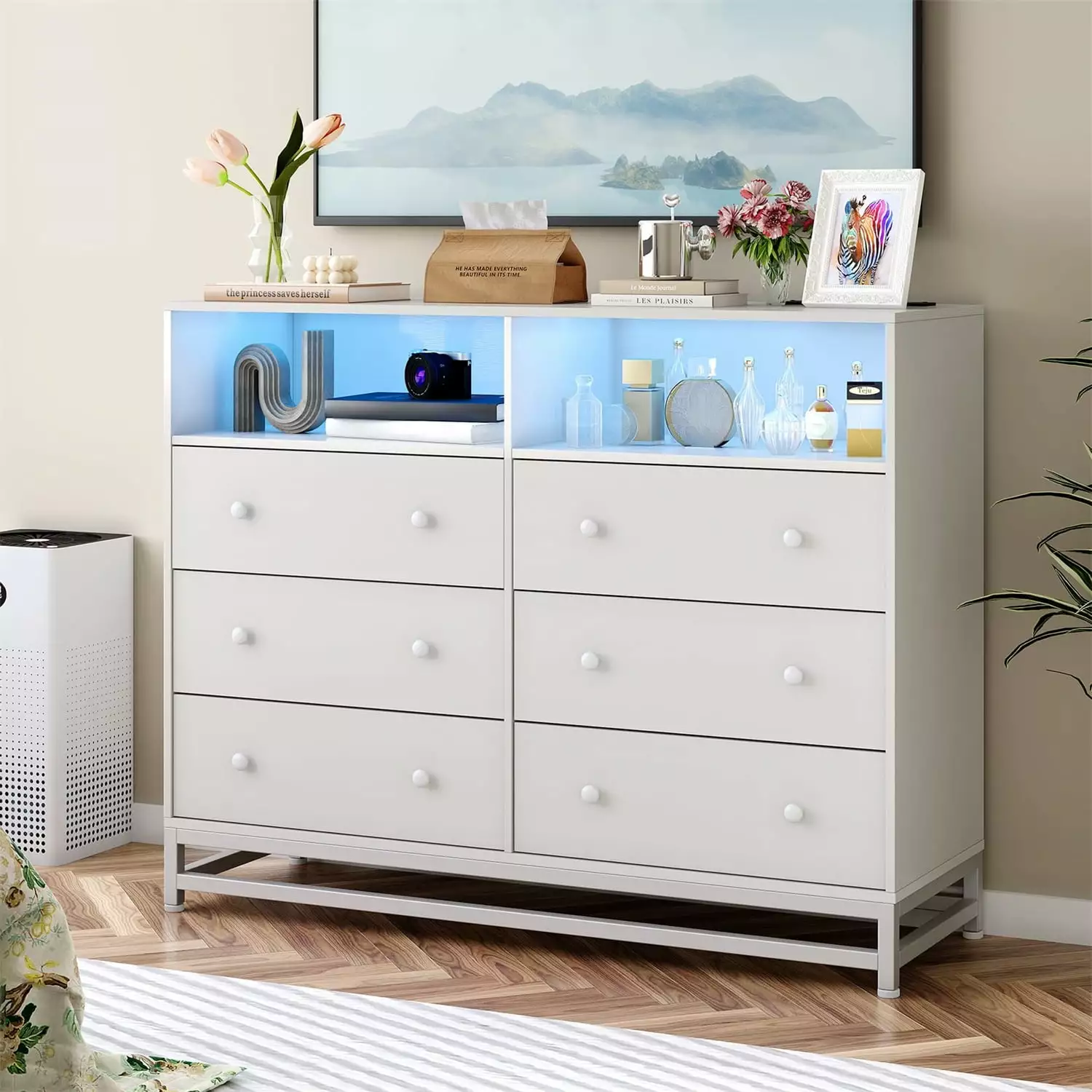 6 Drawer Double Dresser with Power Outlet and LED Light.Modern Large Capacity Storage Dresser for Bedroom.Hallway.Entryway