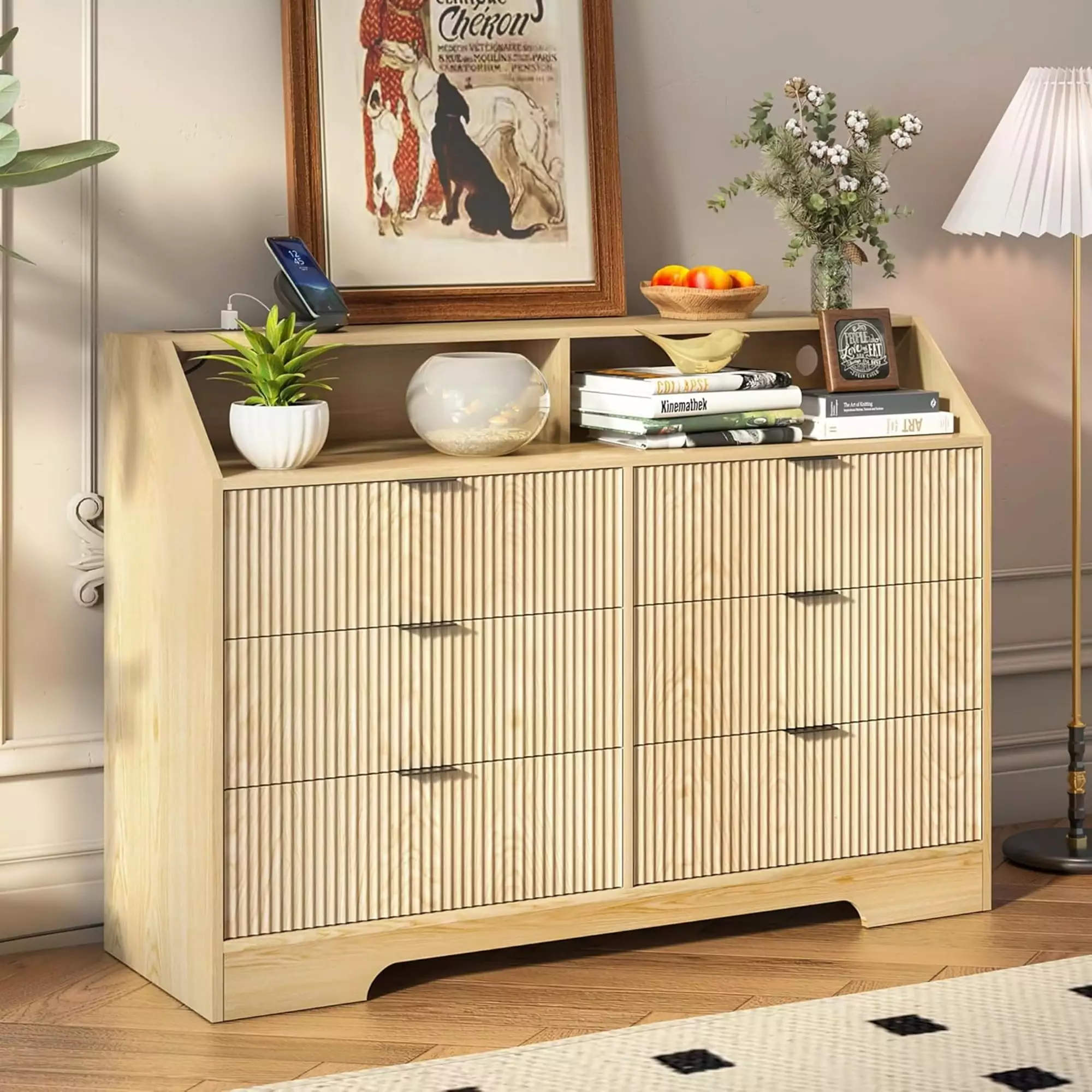 6 Drawer Dresser. Wide Wood Chest of Drawers with Power Outlet Fluted Panel. Bedroom. Living Room