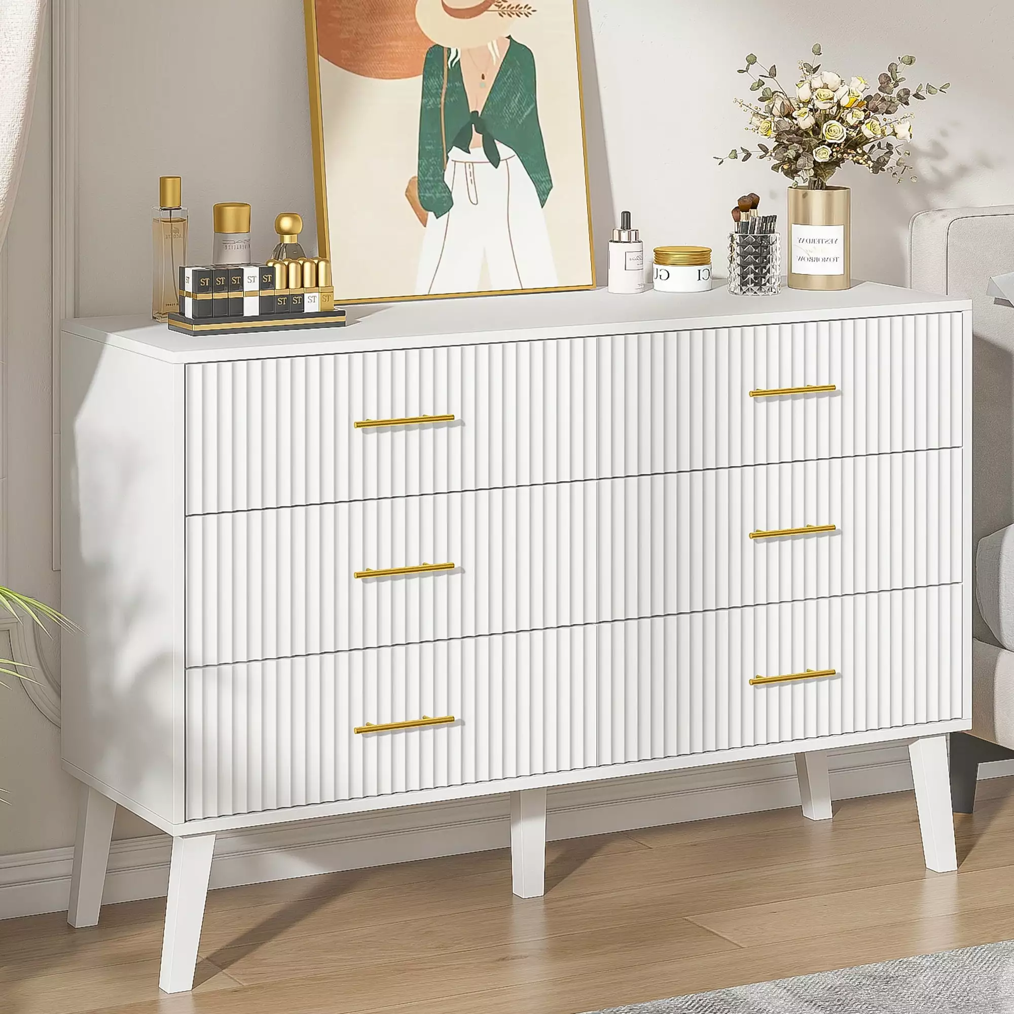 Accent 6 Drawer Dresser. Modern Closet Dressers Chest of Drawers with Fluted Panel for Living Room