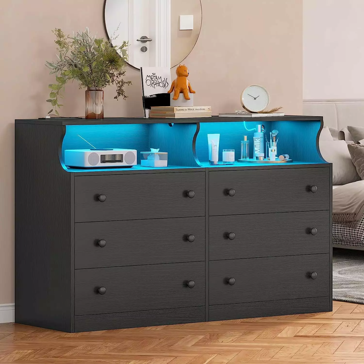 6 Drawer Dresser with LED Lights and Charging Station.Modern Chest of Drawers Storage Cabinet for Bedroom Living Room.Black