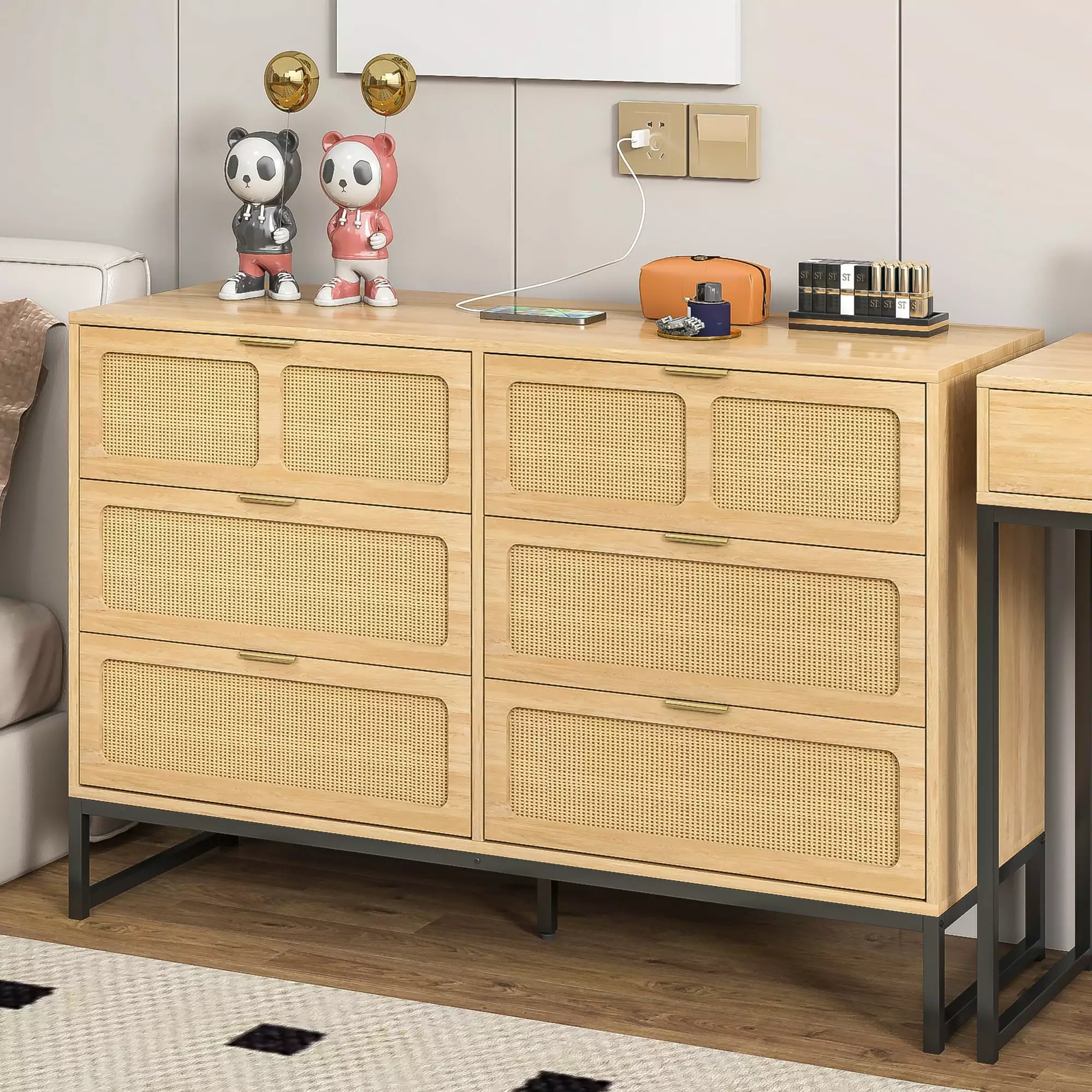 6 Drawer Rattan Dresser. 6 Drawer Double Dresser. Wood Chest of Drawers for Bedroom Living Room