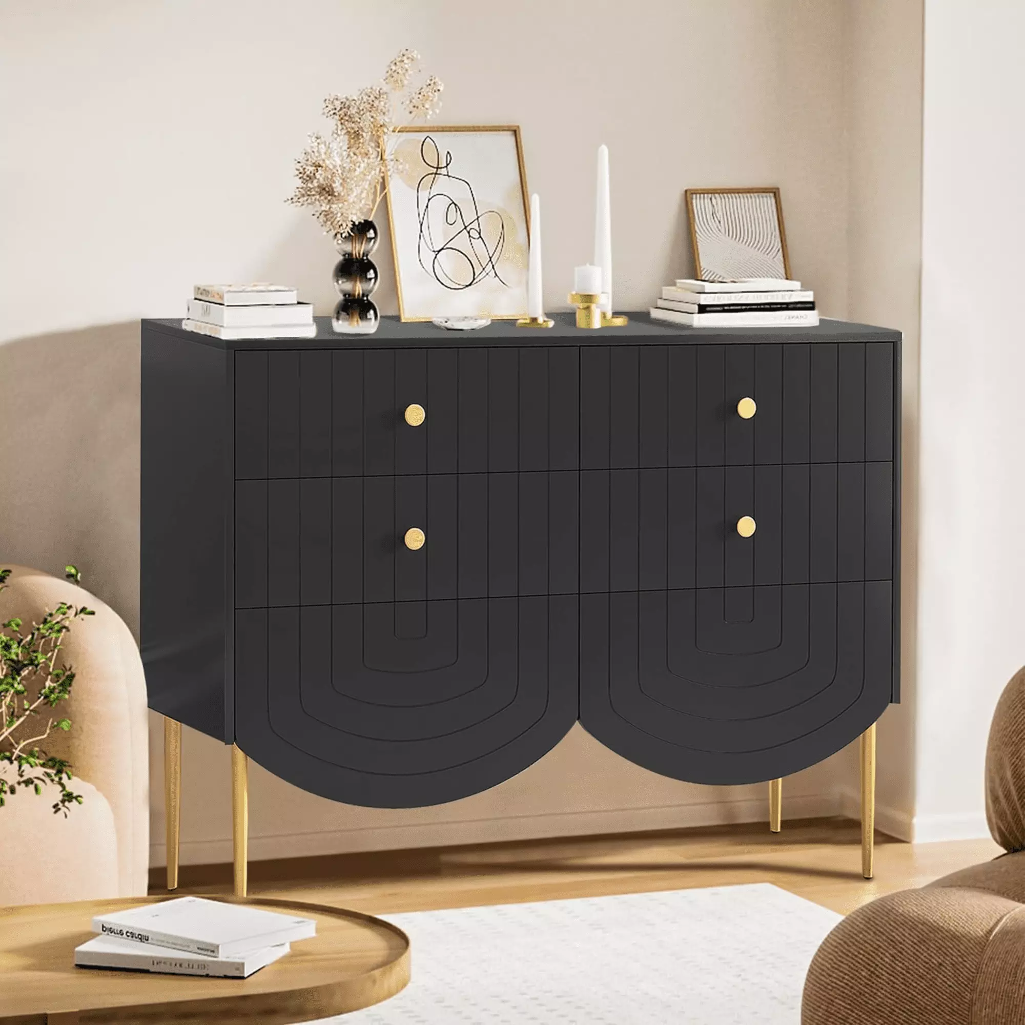 6 Drawers Dresser Chests for Bedroom Modern Arch Closet Dressers. Chest of Drawers. Wood Storage Dresser Organizer with Metal Handle for Living Room. Black