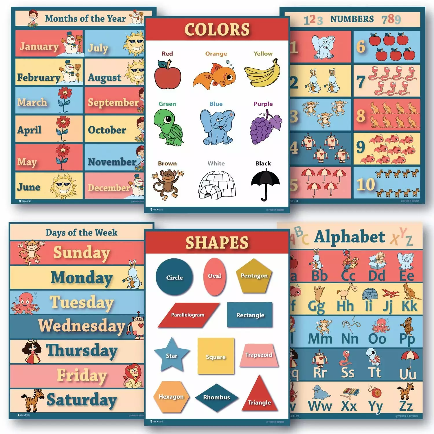 6 Educational poster pack GLOSSY Charts for classrooms early education for learning Alphabet Abc days of the week poster. shapes poster. counting months of the year poster. learning colors edu