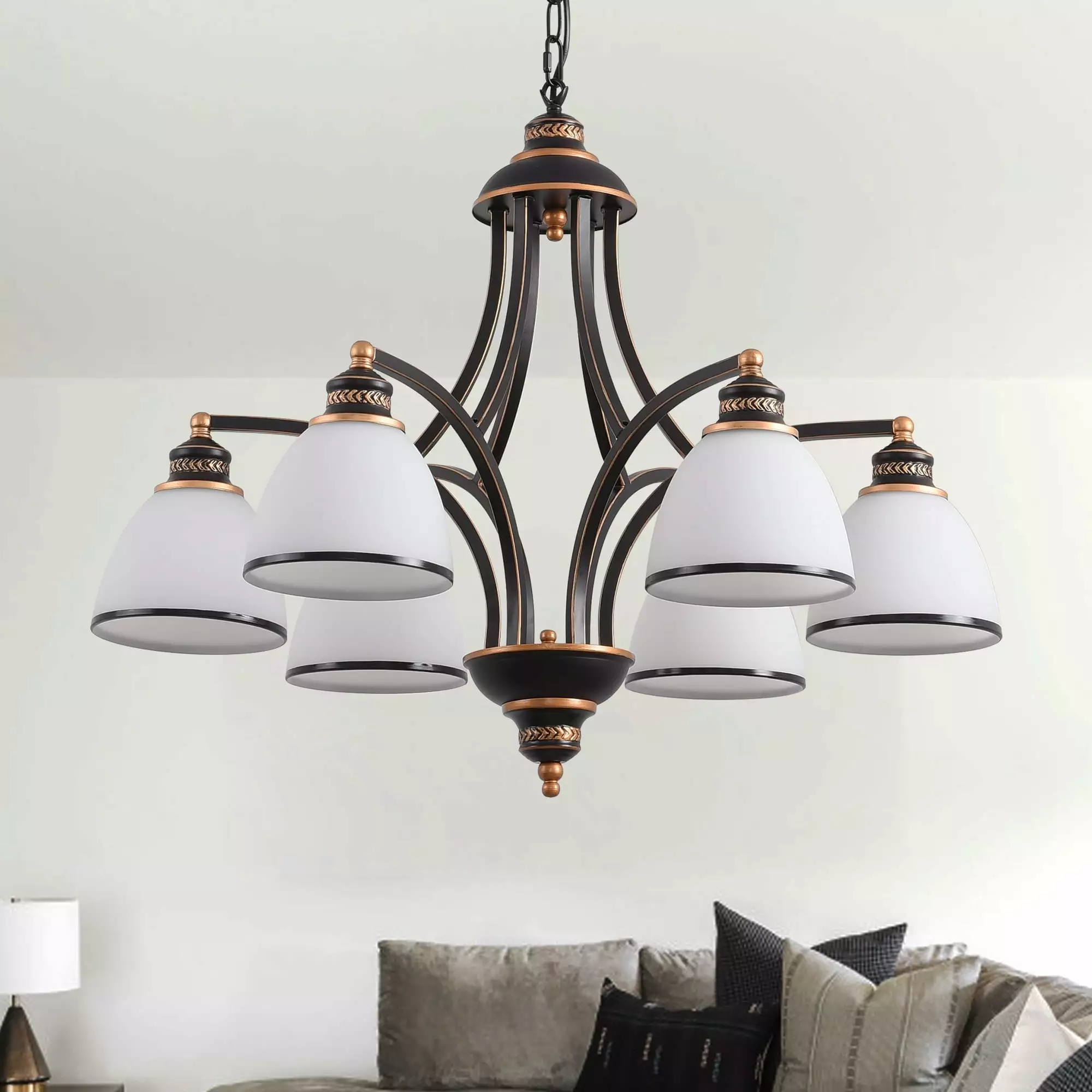 6-Light Glass Shades Chandelier .Bronze Modern Light Fixtures Ceiling Hanging Rustic Pendant Lighting for Dining Room Foyer Bedroom Living Room