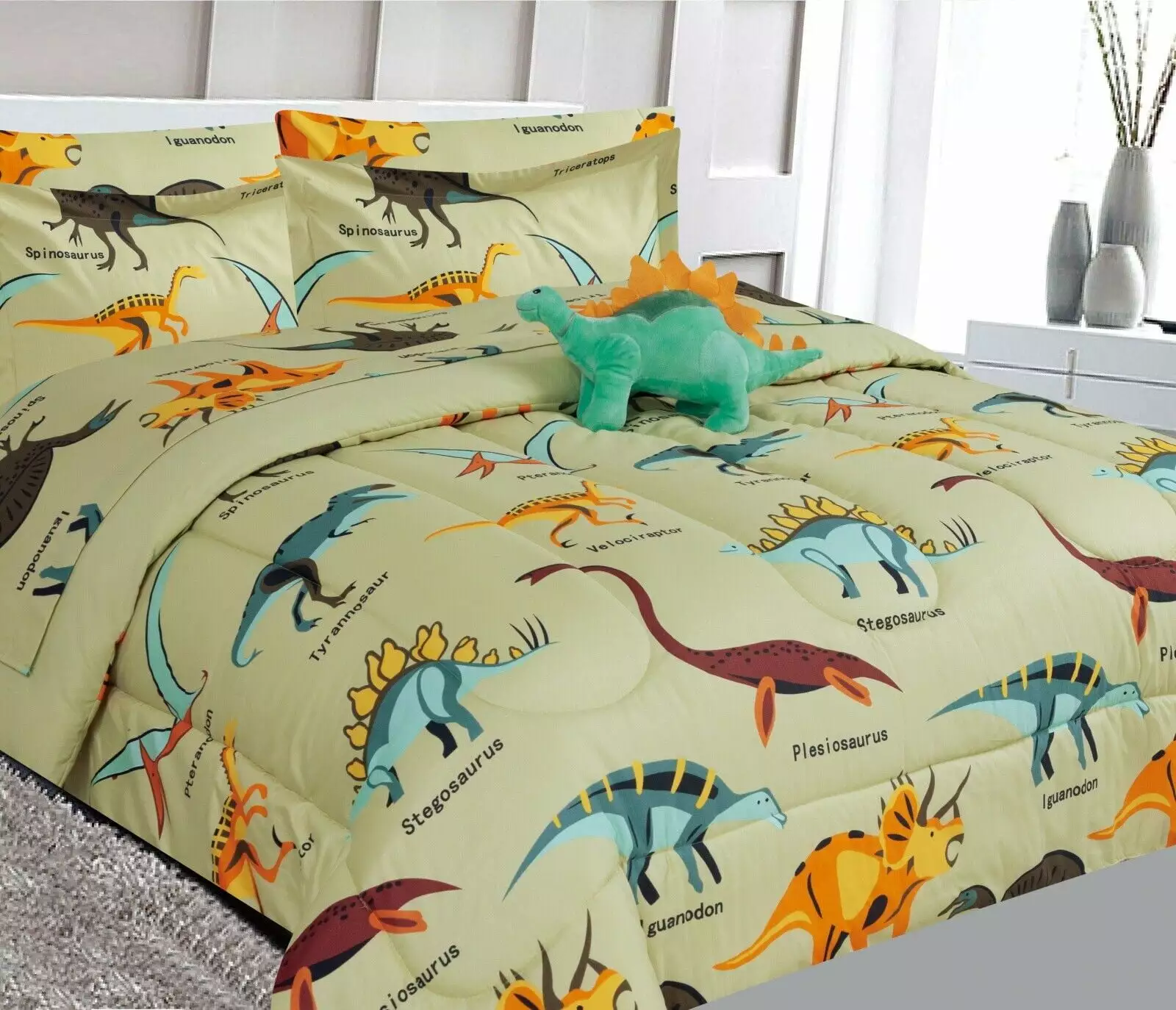 6-PC Twin Dinosaur Taupe complete bed in bag comforter bedding set with furry friend and matching sheet set for kids boys girls super soft easy wash kids bedding d??cor