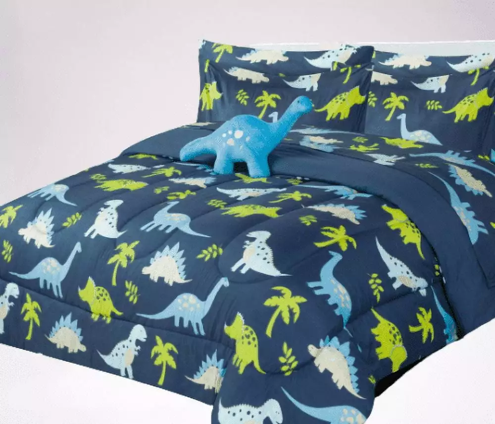 6-PC Twin Dinosaur blue complete bed in bag comforter bedding set with furry friend and matching sheet set for kids boys girls super soft easy wash kids bedding d??cor