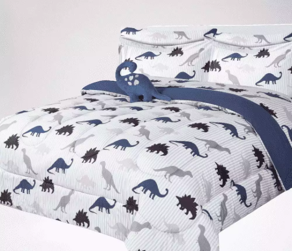 6-PC Twin Dinosaur white complete bed in bag comforter bedding set with furry friend and matching sheet set for kids boys girls super soft easy wash kids bedding d??cor