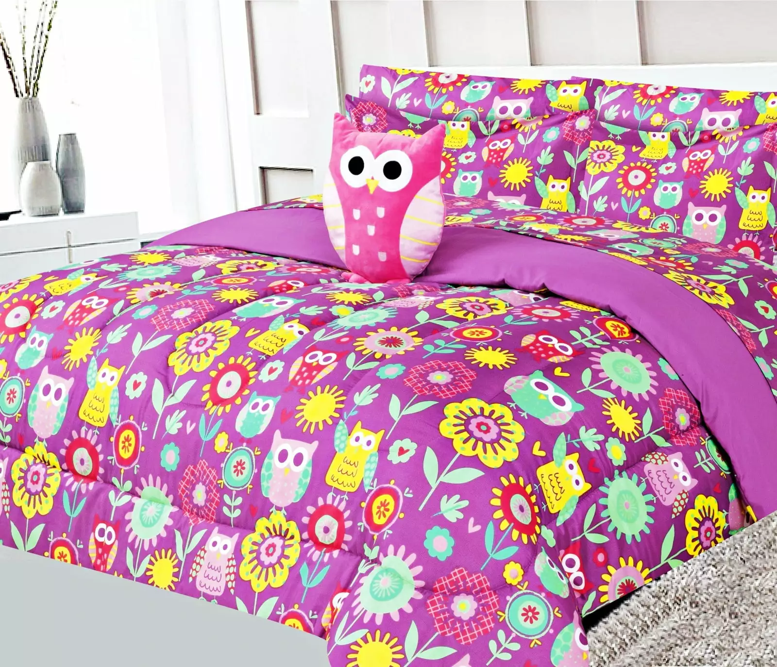 6-PC Twin Owl #3 white complete bed in bag comforter bedding set with furry friend and matching sheet set for kids boys girls super soft easy wash kids bedding d??cor