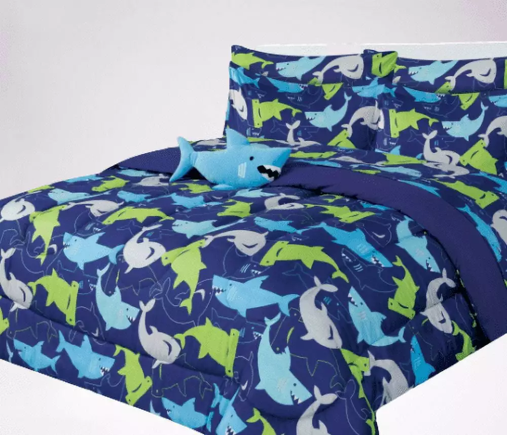 6-PC Twin Shark blue complete bed in bag comforter bedding set with furry friend and matching sheet set for kids boys girls super soft easy wash kids bedding d??cor