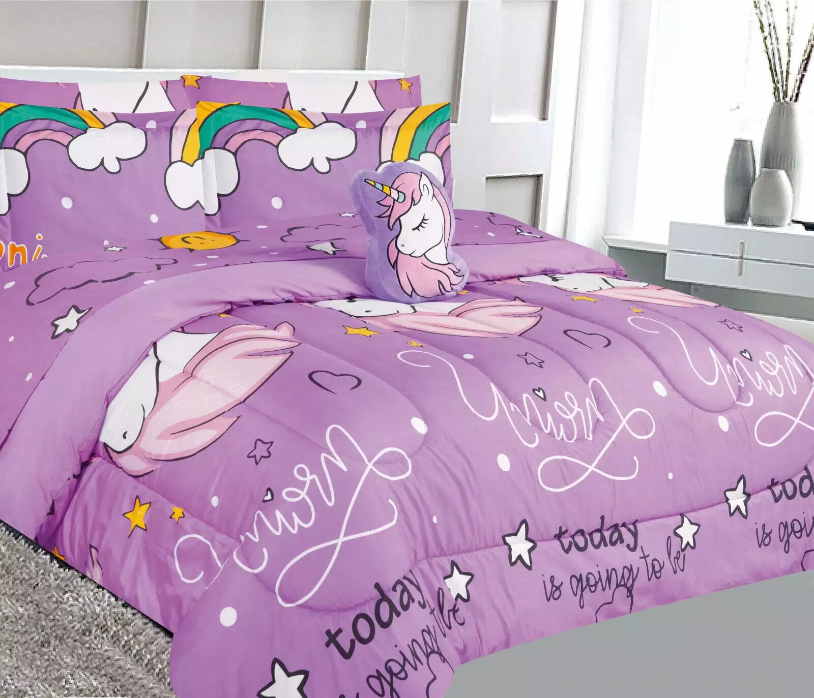 6-PC Twin Unicorn Lilac complete bed in bag comforter bedding set with furry friend and matching sheet set for kids boys girls super soft easy wash kids bedding d??cor