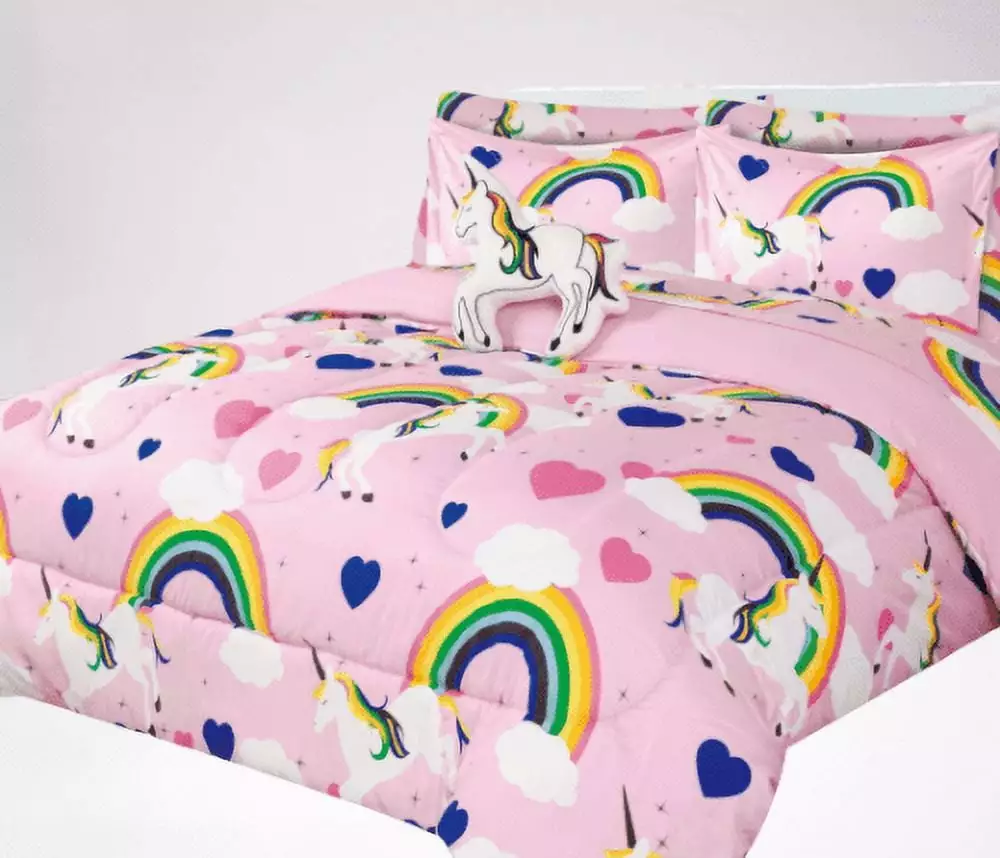 6-PC Twin Unicorn rainbow complete bed in bag comforter bedding set with furry friend and matching sheet set for kids boys girls super soft easy wash kids bedding d??cor