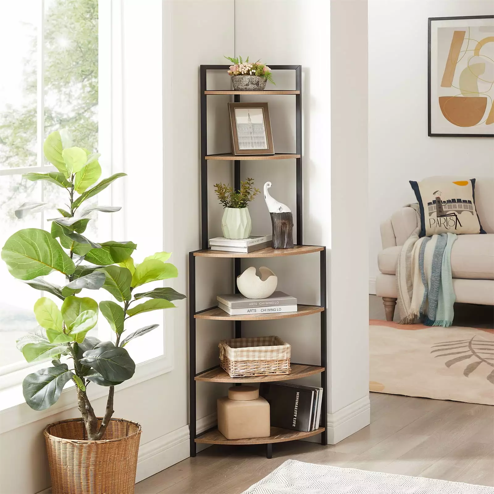 6-Tier Corner Open Shelf. Modern Narrow Bookcase Storage Rack. Freestanding Shelving Unit. Plant Album Trinket Sturdy Stand Small Bookshelf. Space-Saving for Living Room Home Office Kitchen