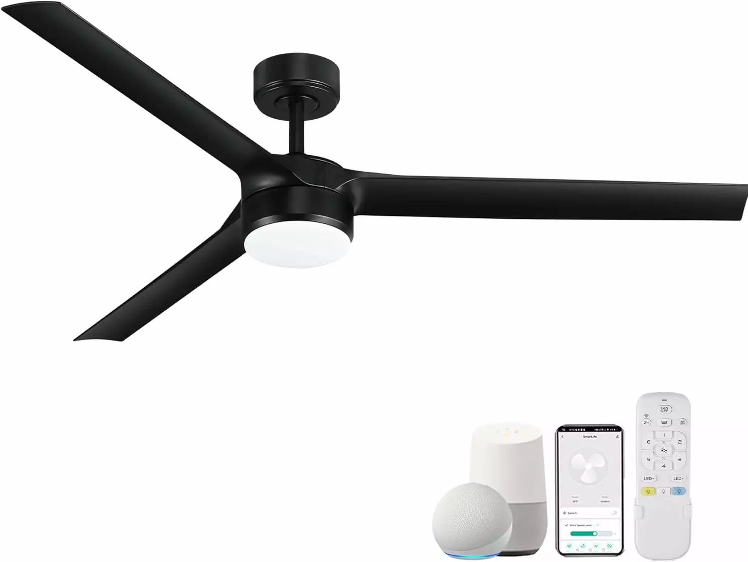 60 Large Smart Ceiling Fans with LED Lights and Remote.Indoor Outdoor Black Ceiling Fan Controlled by WIFI Alexa App.Quiet DC Motor. 6-speed.Dimmable.Modern 3 Blades for Bedroom Living Room Patio