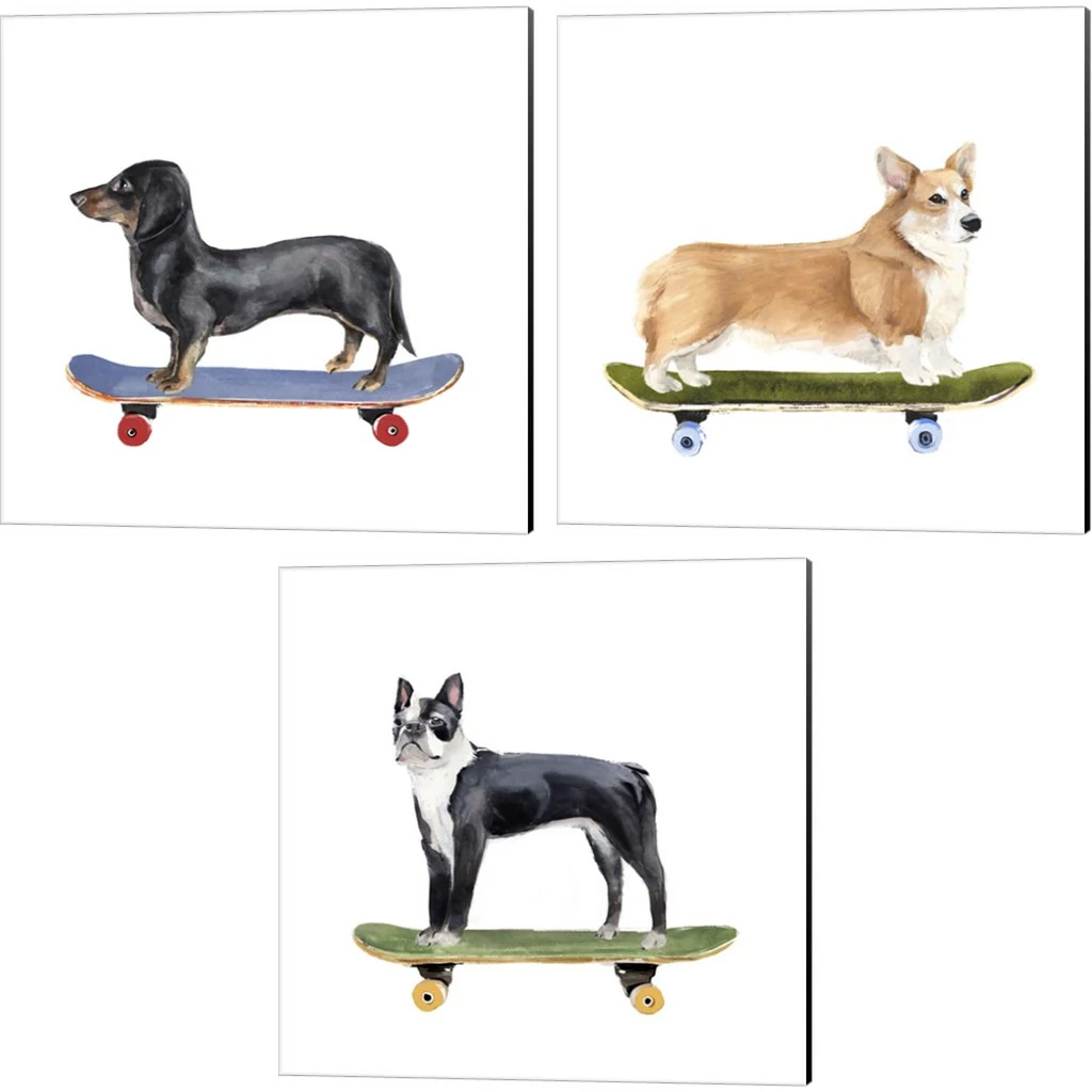 Great Art Now Pups on Wheels by Annie Warren 3 Piece Canvas Art Set Each 14W x 14H