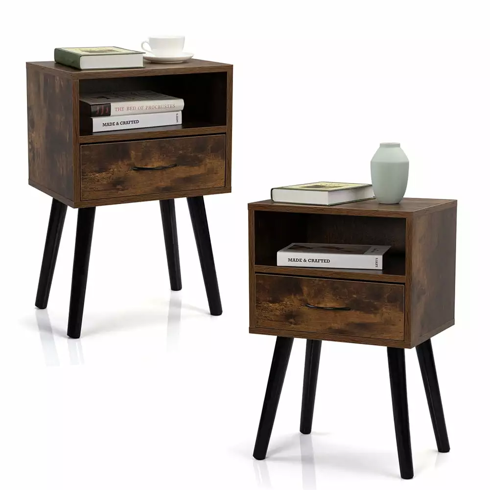 Kepooman 2-Tier Nightstands for Bedroom. Set of 2 Bedside Table for Bedroom. Solid Wood End Table for Living Room. Retro Grain