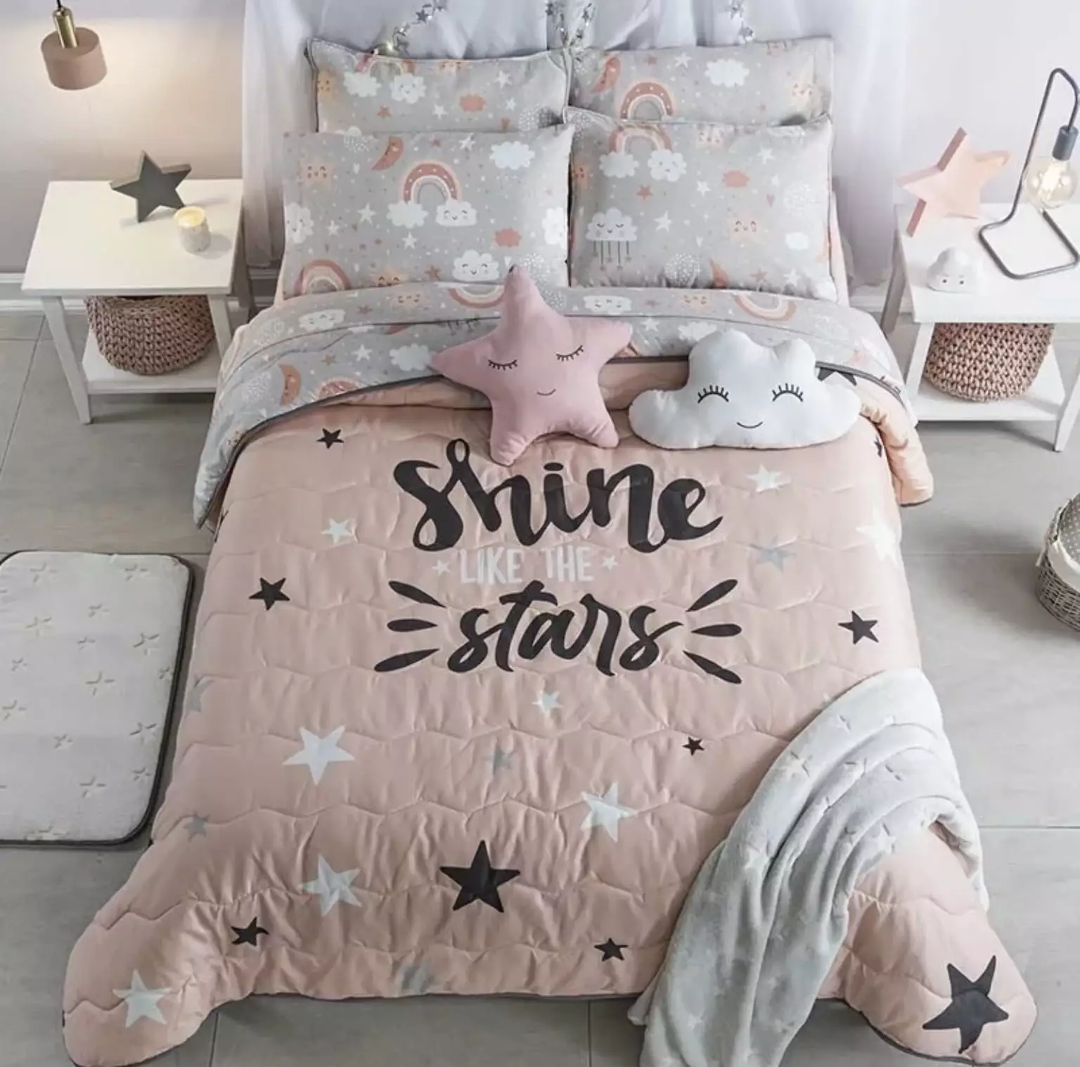 STARS CLOUDS RAINBOW TEENS KIDS GIRLS DECORATIVE REVERSIBLE COMFORTER SET 5 PCS FULL SIZE