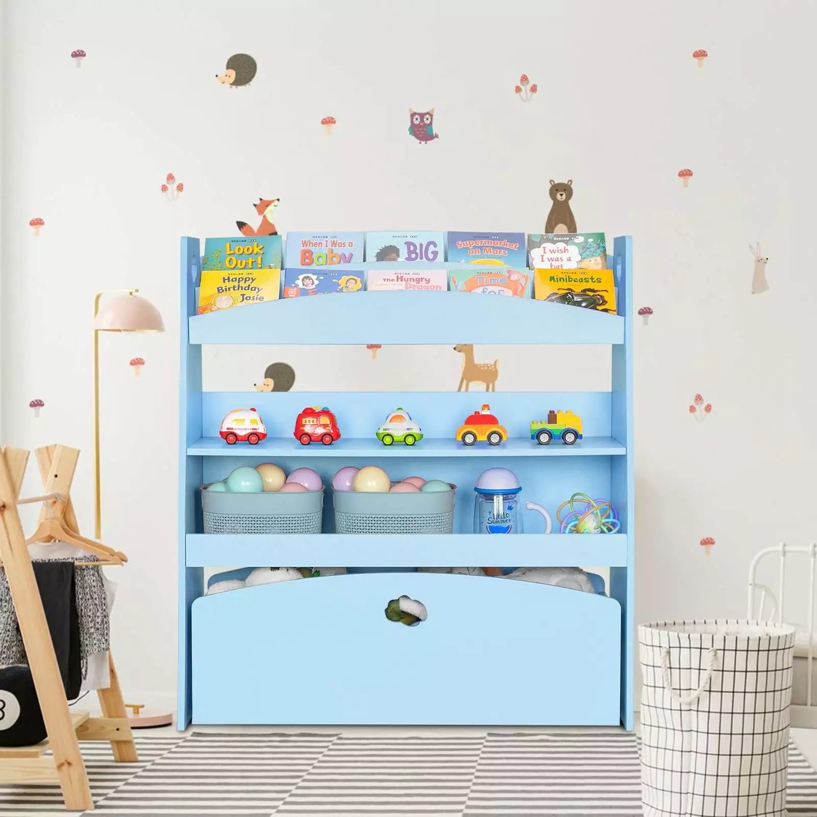 SamyoHome 5 Tier Children Storage Unit. Kids Bookshelf Bookcase. Baby Toy Organizer Shelf. Toy Storage Organizer Rack Boxes. Kids Bin Storage and Book Case. Blue