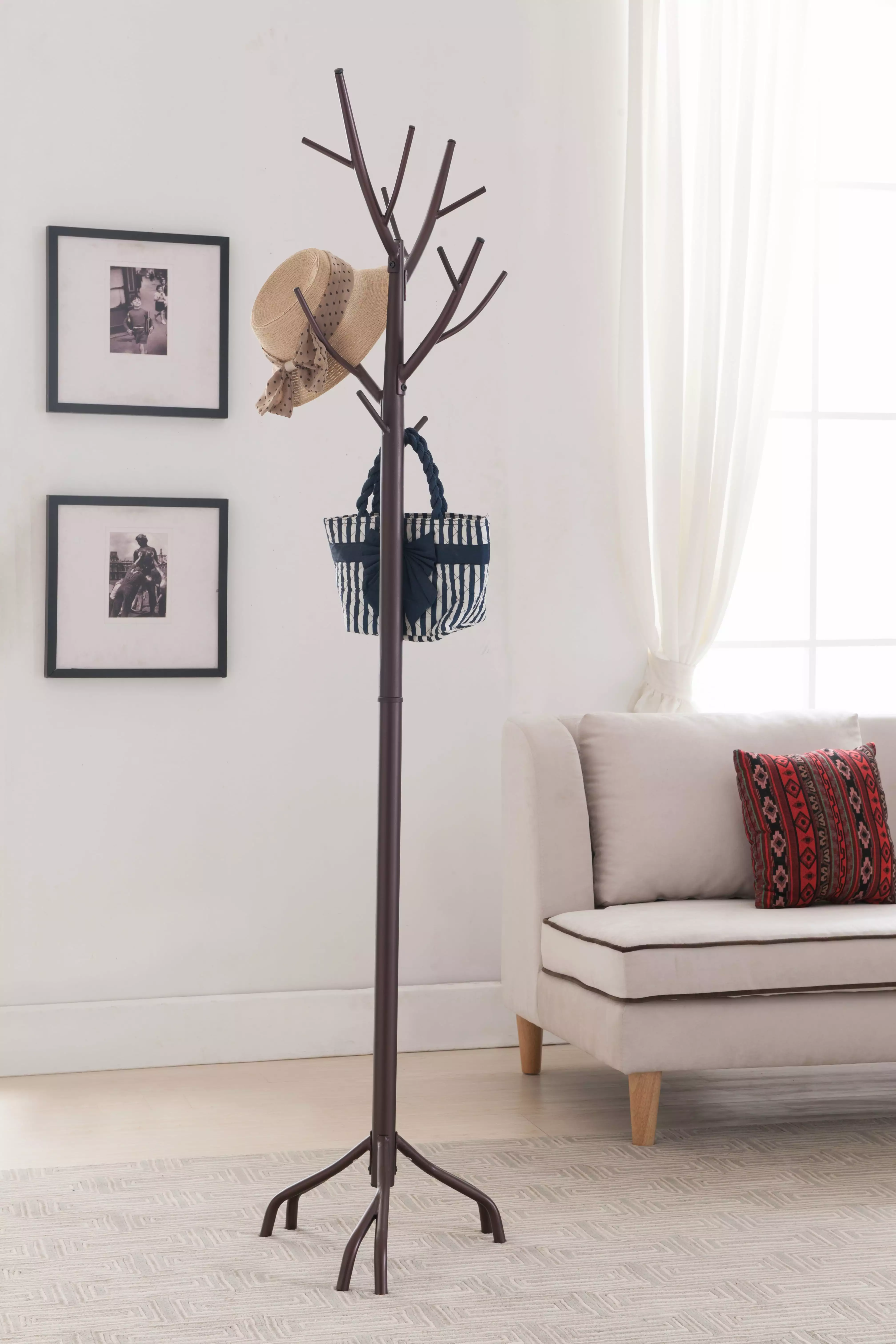 Pilaster Designs 14 Hook Coat & Hat Rack Stand with Umbrella Stand & Twig Branches. Bronze Metal