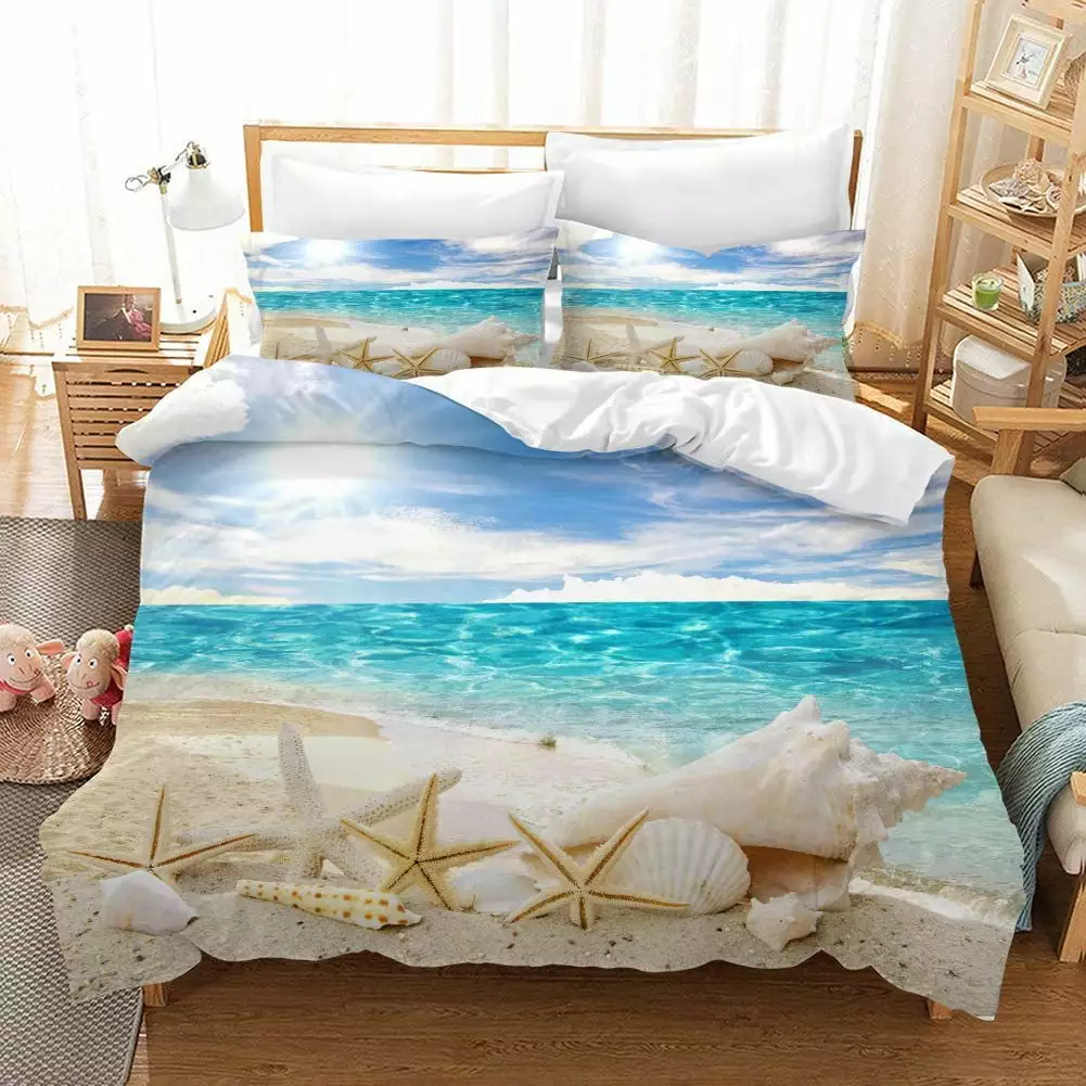 Quilts Set Beach Bedding Coastal Ocean Quilts Bedding Beach Quilt Set. 3 Piece Bedding Set with 2 Pillowcases & 1 Quilt Cover