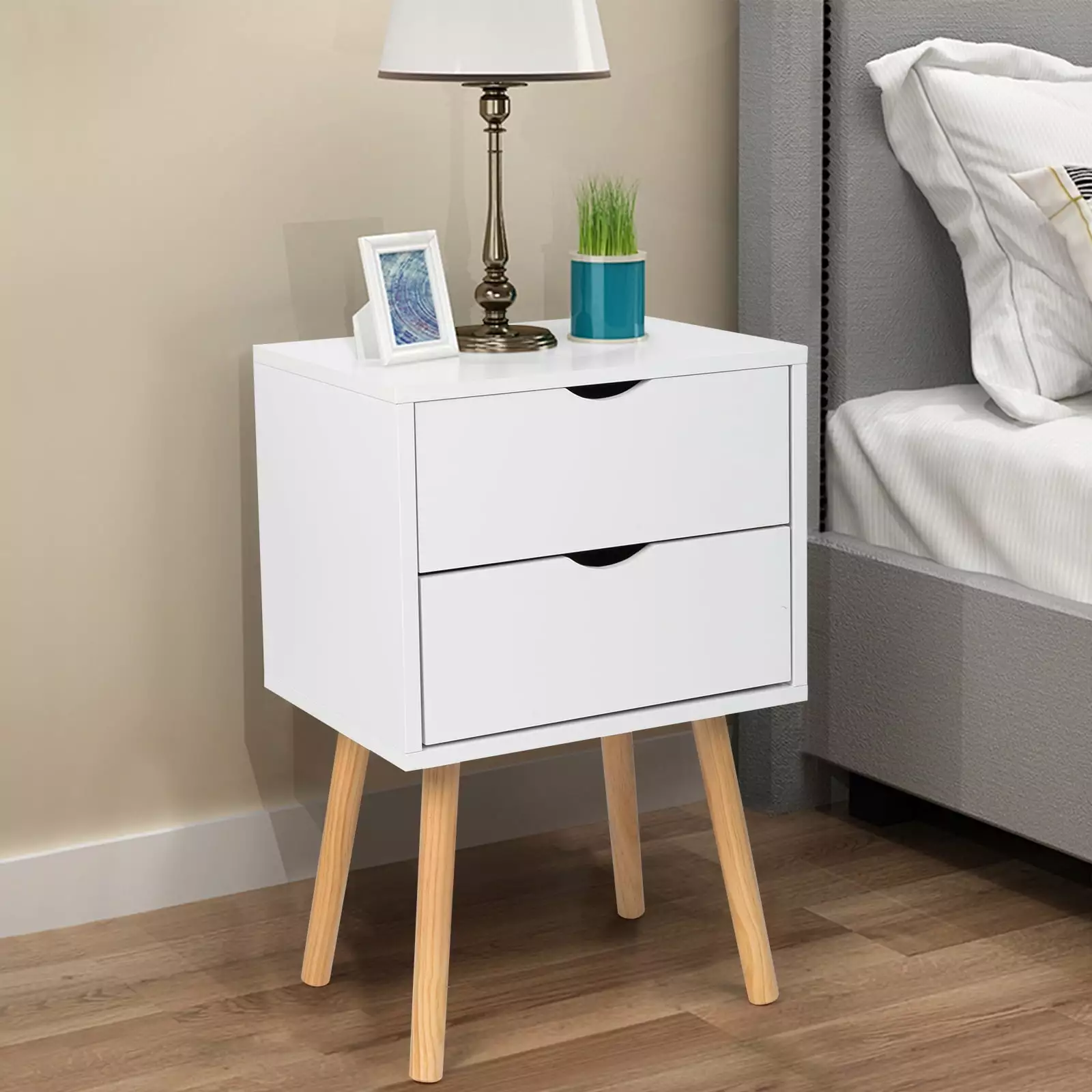 EasingRoom Mid Century Nightstand Storage Bedside Table Wood Cabinet for Bedroom. Livingroom. White