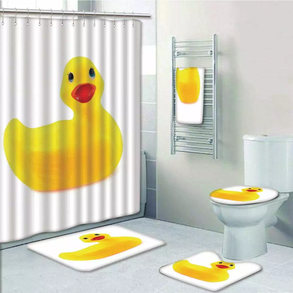 PRTAU Rubber Duck Squeak Ducky Toy Fun Bubble Bath Animal Kids Room Duckling 5 Piece Bathroom Set Shower Curtain Bath Towel Bath Rug Contour Mat and Toilet Lid Cover