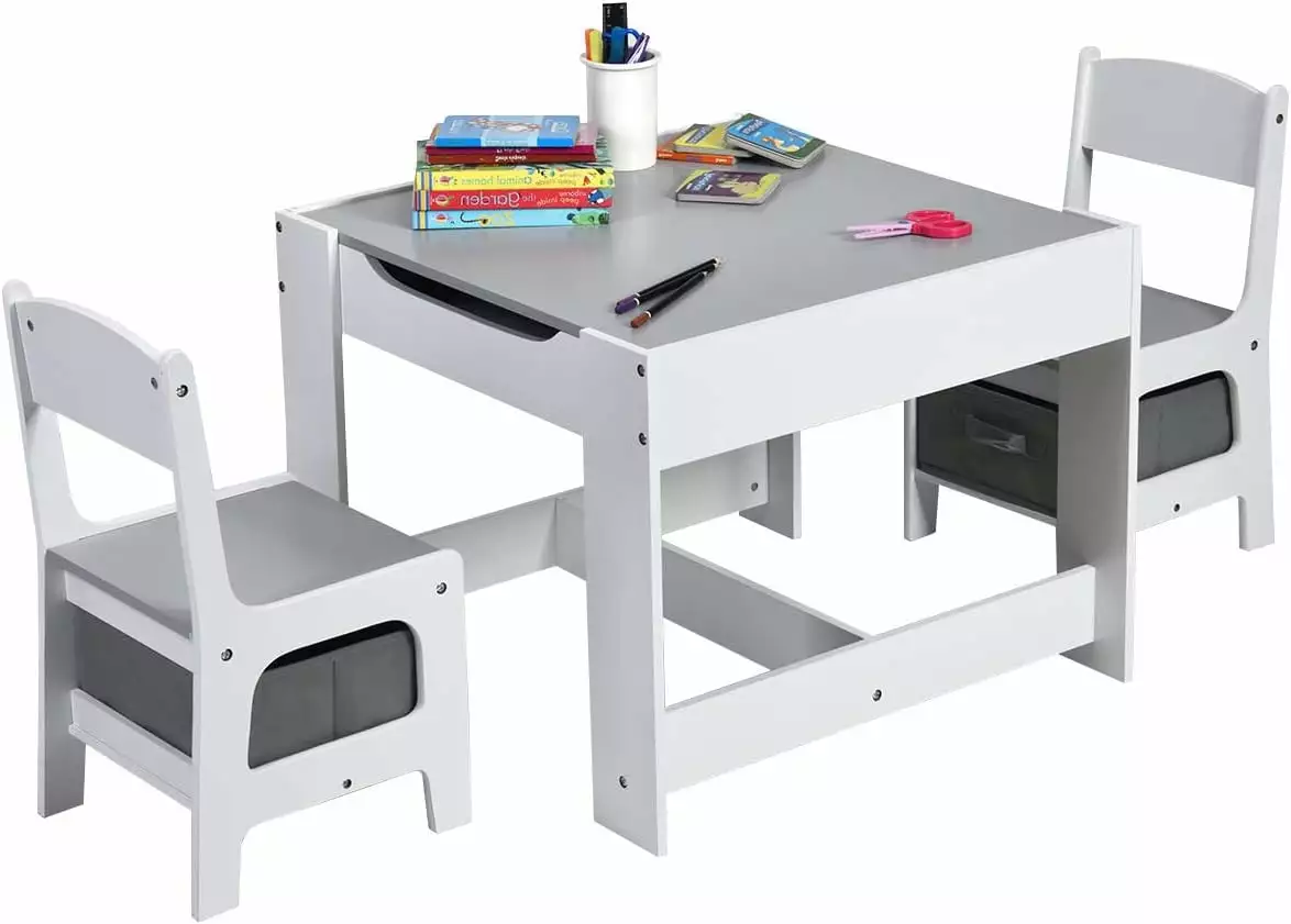 3 in 1 Kids Table and Chair Set. Wooden Activity Table Detachable Tabletop for Drawing Art Craft Reading. Playroom Nursery Kids Furniture Toddler Table Chair Set with Storage Drawers. Gray