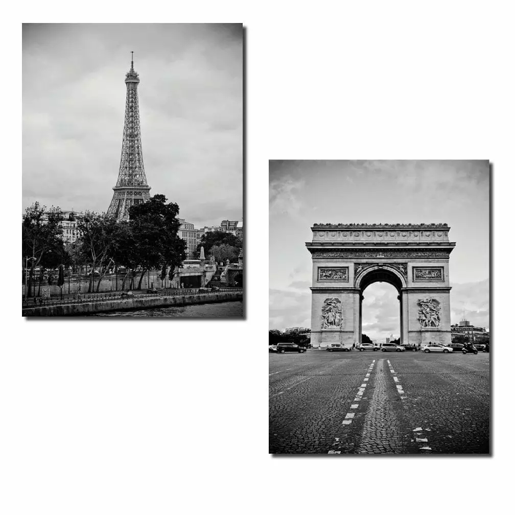 Gray Paris Landmark Arc de Triomphe and Eiffel Tower Adult Decor; 2 - 11 x 14 Unframed Posters