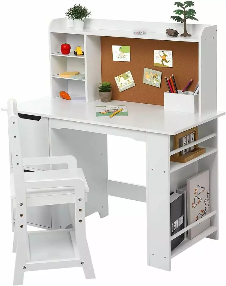 Wooden Study Desk and Chair for Kids. White Learning Table with Bookshelf. Bulletin Board and Cabinets. for Boys and Girls. 3-8 Y