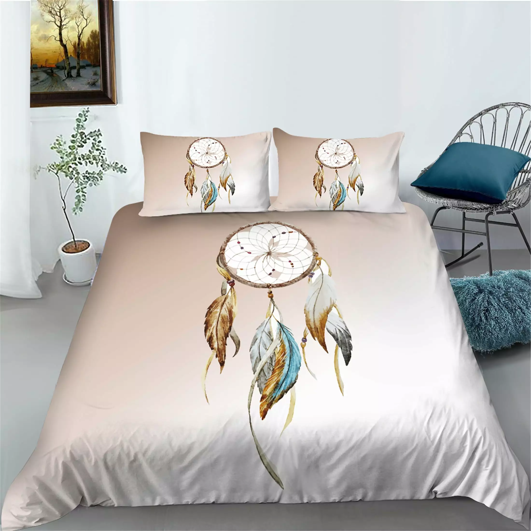 Comforter Cover Set Dream Catcher Printed Vintage Polyester Duvet Cover Set with Pillowcase.King (90x104)