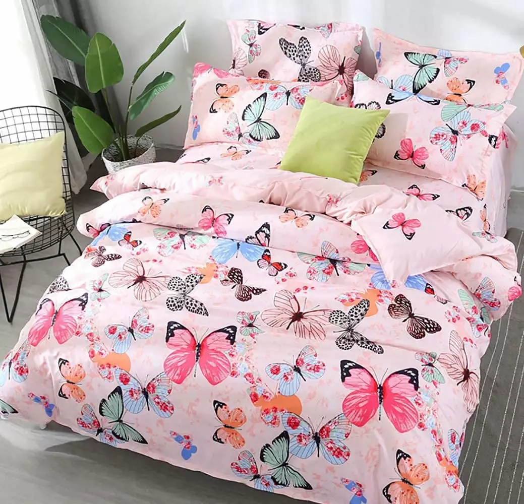 Girls Pink Bedding Colorful Butterfly Queen Duvet Cover Set Kids Cute Butterflies Insects Printed Quilt Comforter Cover Reversible