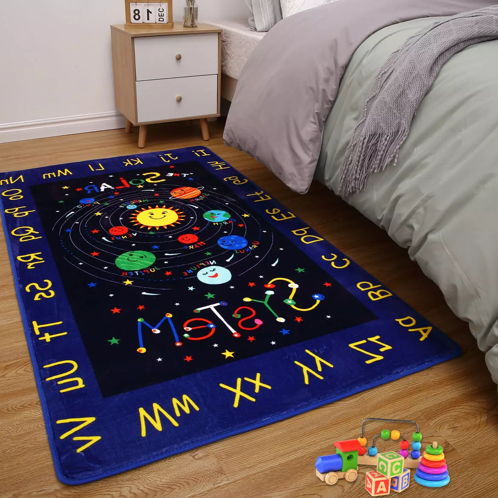 ZACOO 3'x5' ABC Alphabet Kids Playroom Rug Educational Rug Solar System Alphabet Baby Play Rug Soft Play Mat for Bedroom Nursery Non-Slip. Black Blue