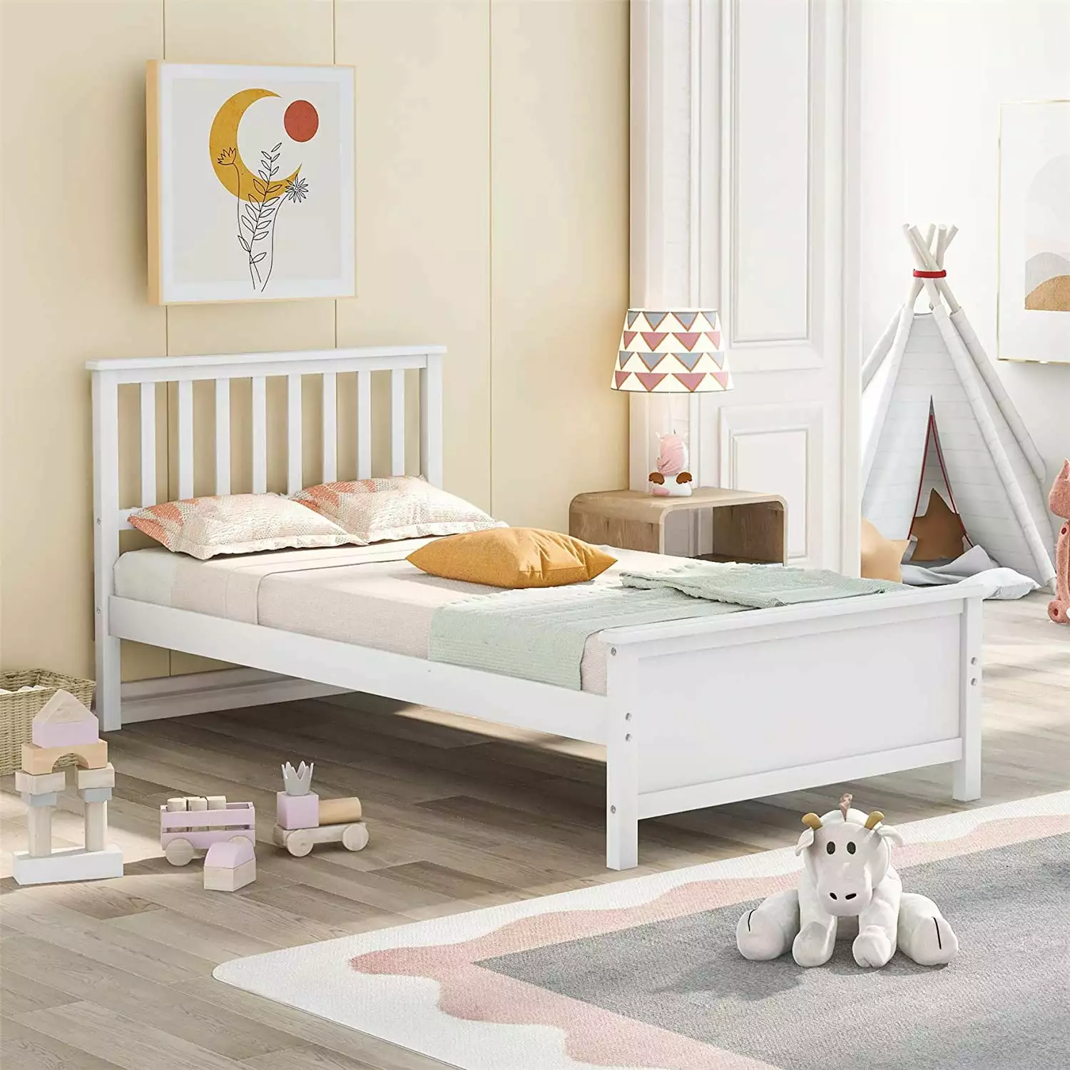 Churanty Twin Bed Frame. Platform Wood Bed Frame with Headboard and Footboard.White