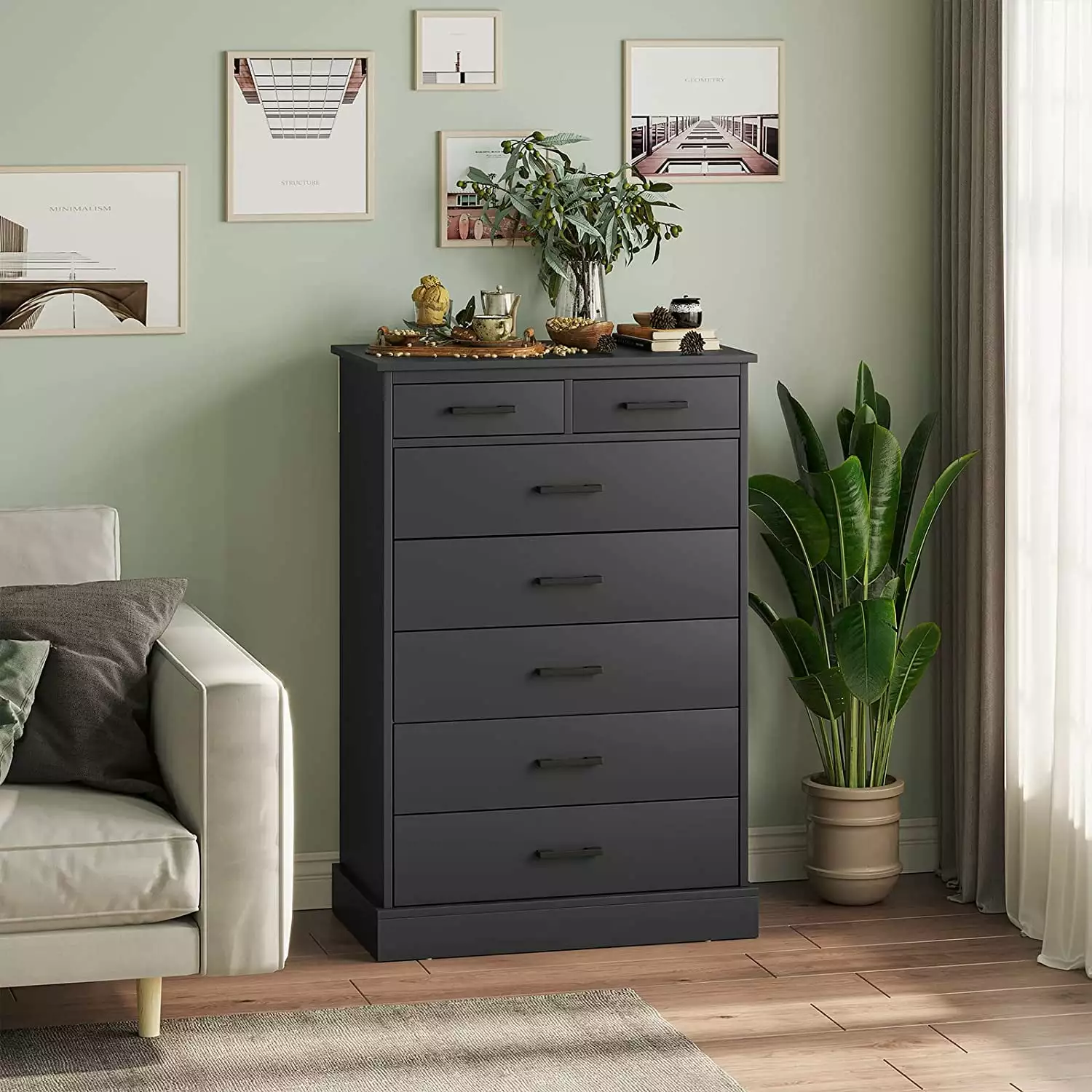 7 Drawer Dresser. Black Chest of Drawers for Bedroom Living Room Hallway