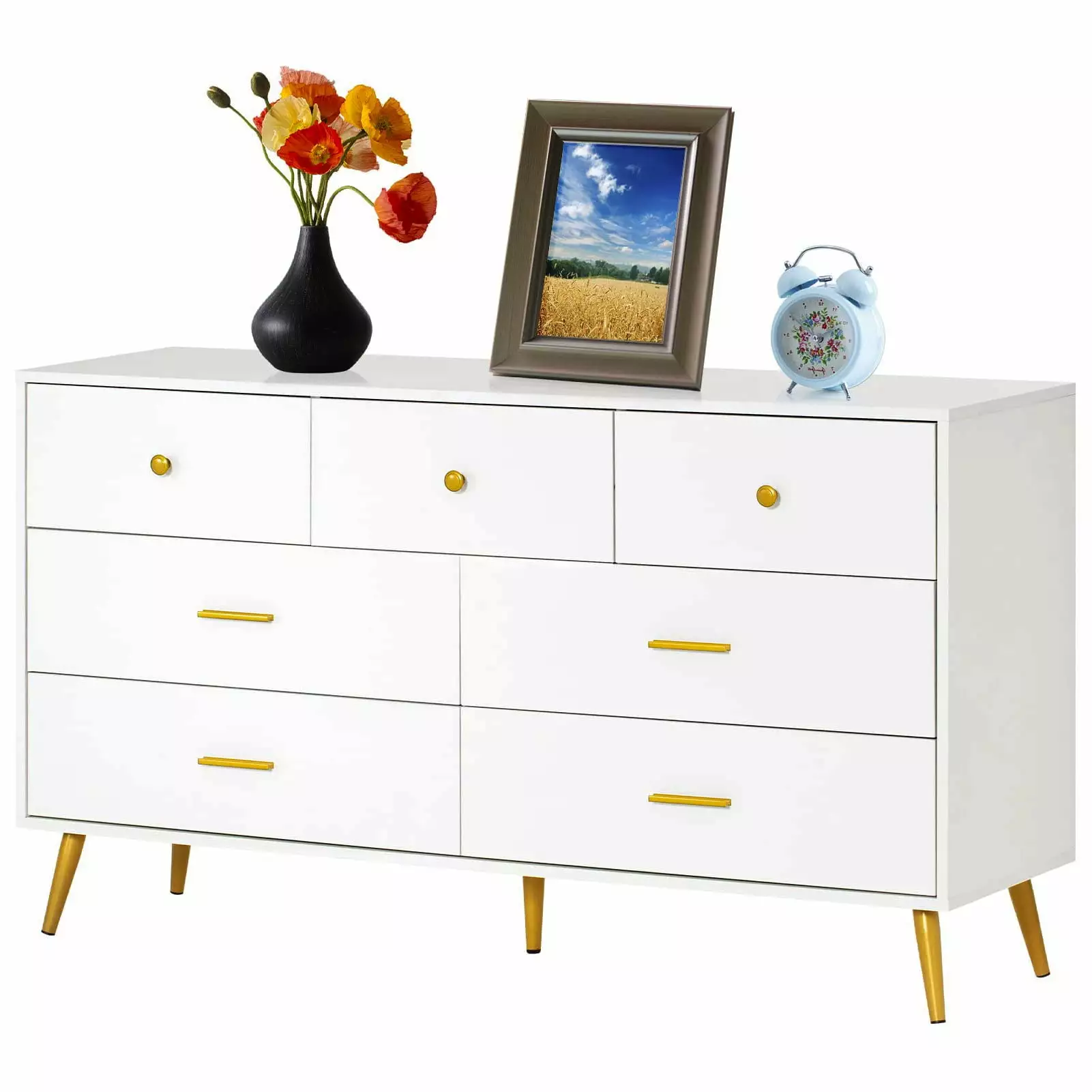 7 Drawer Dresser For Bedroom. 55-inch White and Gold Dresser Chest of Drawers Wood Bedroom Organizer(White-7 Drawers)