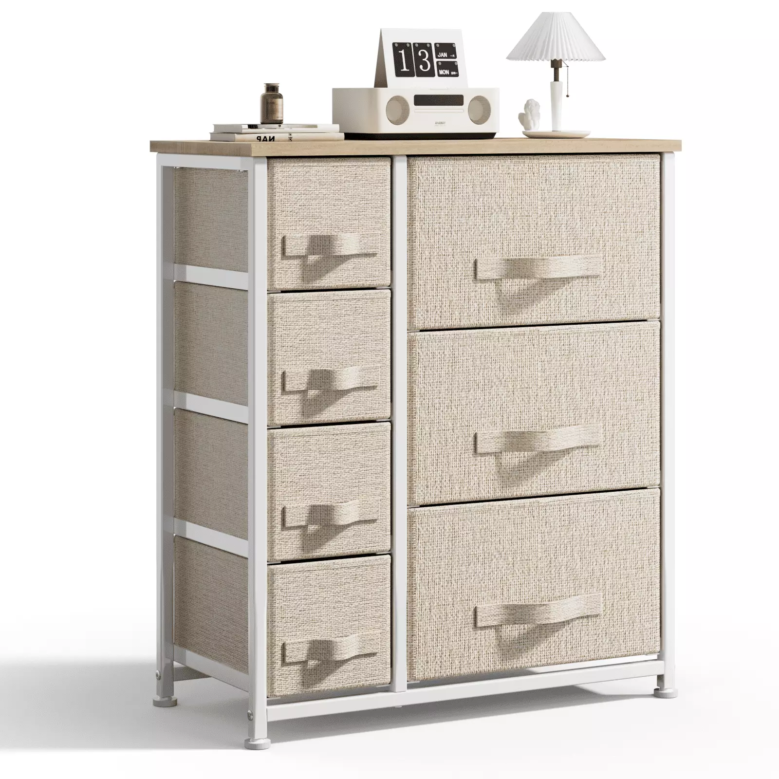 7 Drawer Fabric Dresser .Storage Baby Dresser with Steel Frame and Wooden Top for Living Room/Bedroom/Hallway/Nursery. Beige