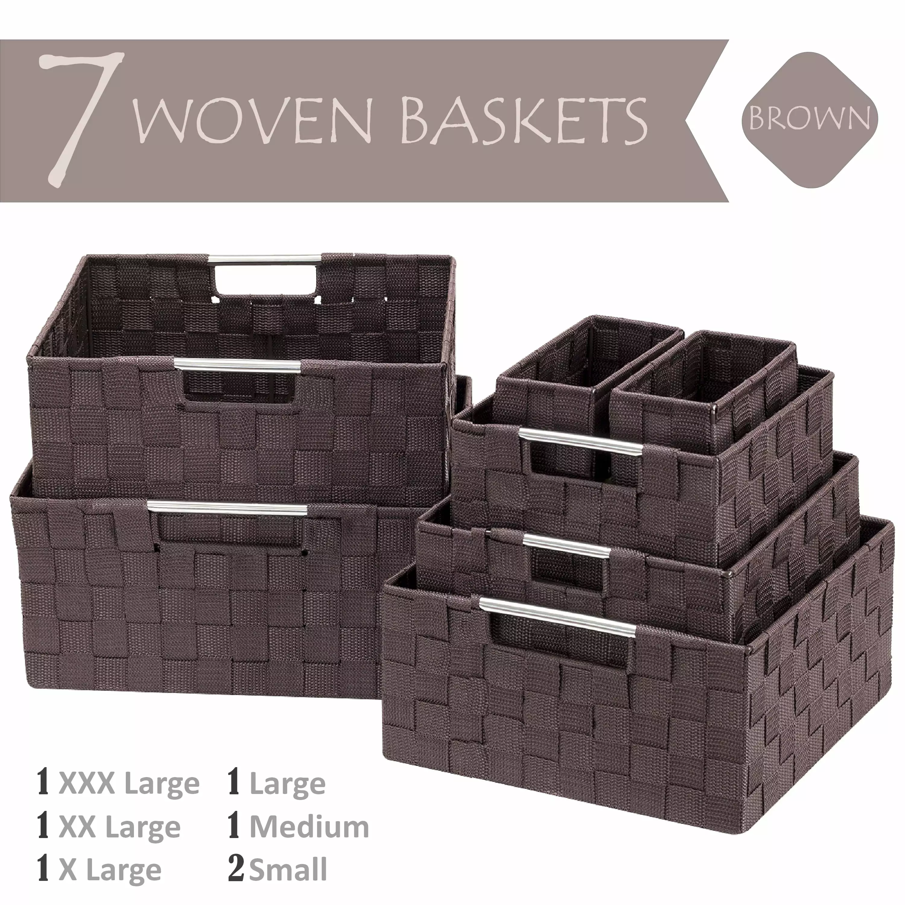 7 Pack Decorative & Durable Woven Fabric Storage Baskets. Shelf & Closet Organization - Brown