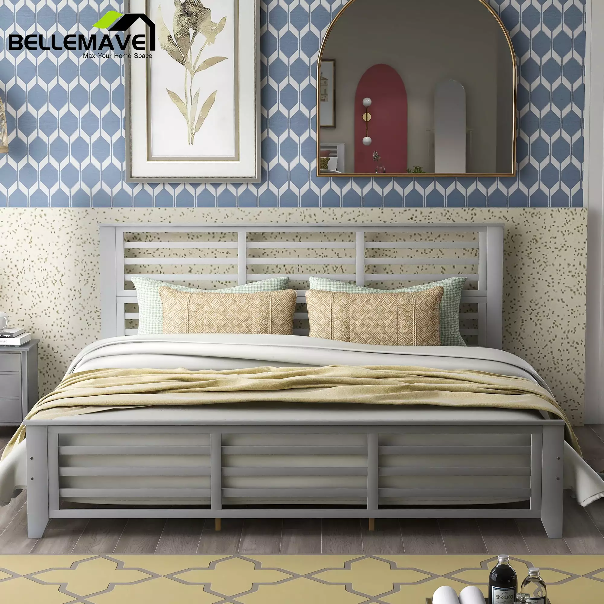 Bellemave Gray Wood King Size Platform Bed with Horizontal Strip Hollow Shape. Slat-Shaped Headboard and Footbaord. Wood Frame Platfrom Bed King Size for Adult Teen