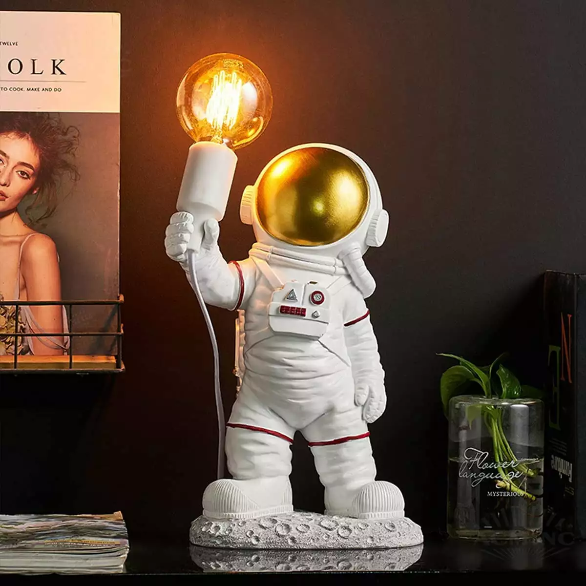 Astronaut Kids Table Lamp. Spaceman Night Light Modern Led Kids Room Desk Lamp With Plug. For Boys Girls. E27 Bedside Lamp White And Gold. H 39Cm