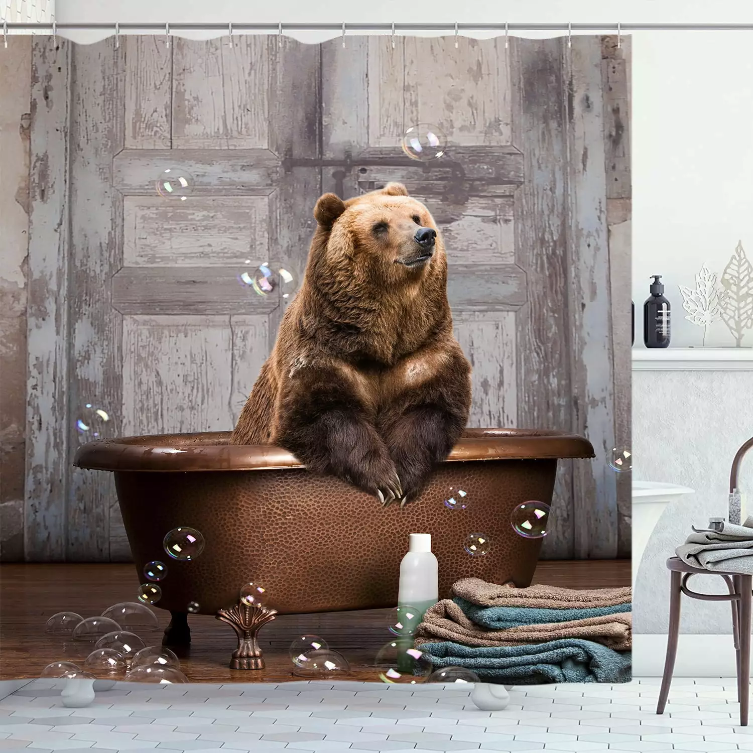 Funny Rustic Brown Bear Shower Curtain. Cute Bear in Bathtub Bubble Farmhouse Barn Door Bath Curtain.Kids Waterproof Fabric Curtain for Bathroom Decor With Hooks 69*70in