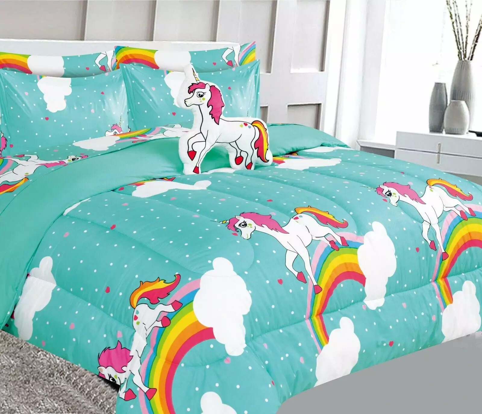 Complete bed in bag comforter full size 8pc unicorn mint bedding comforter with plushie toy friend and matching sheet set for kids bedroom d??cor for girls boys